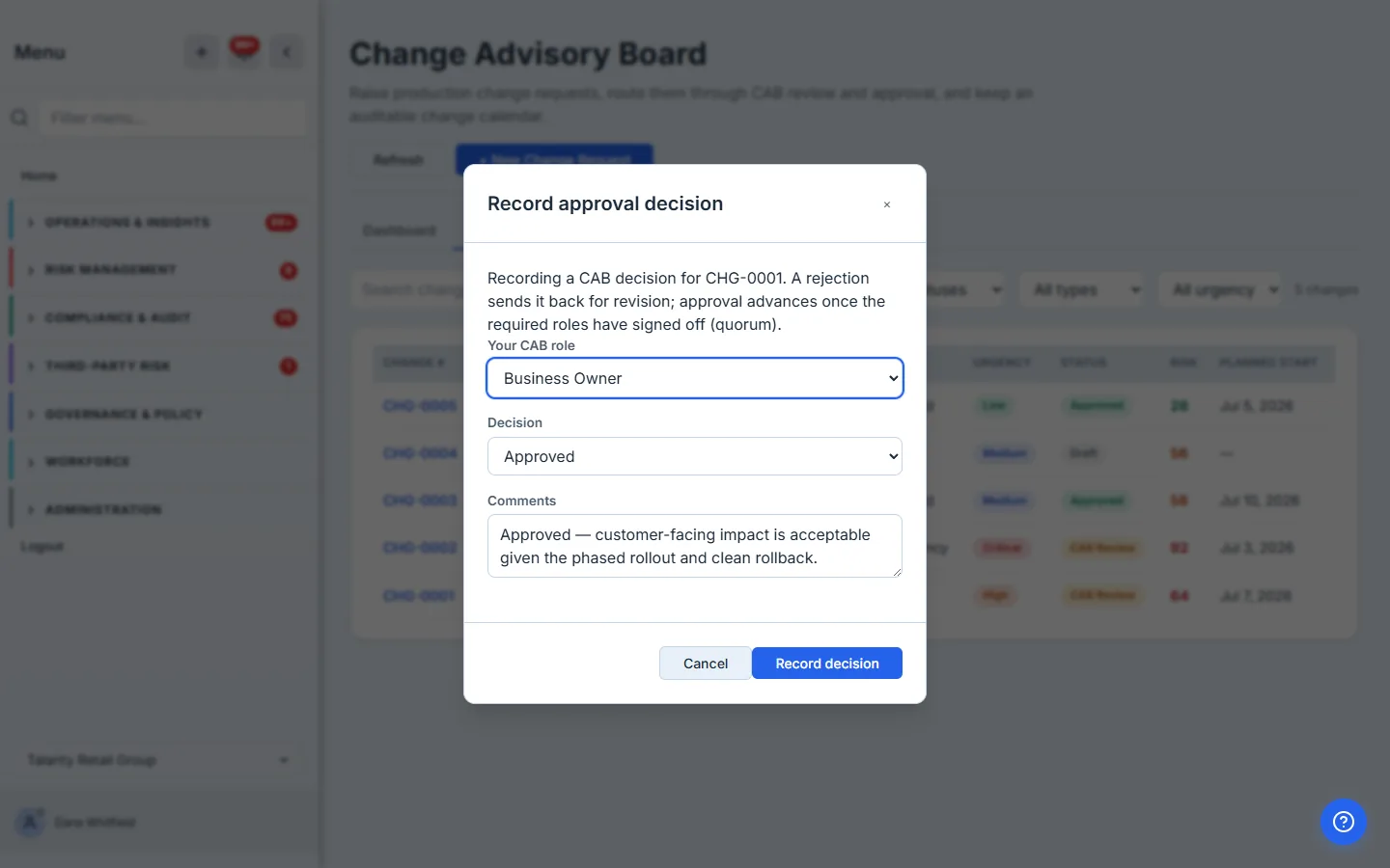 The "Record approval decision" modal for CHG-0001: an explanation that a rejection sends the change back and approval advances once the required roles sign off (quorum), a "Your CAB role" dropdown set to Business Owner, a Decision of Approved, and a comment about the phased rollout and clean rollback.