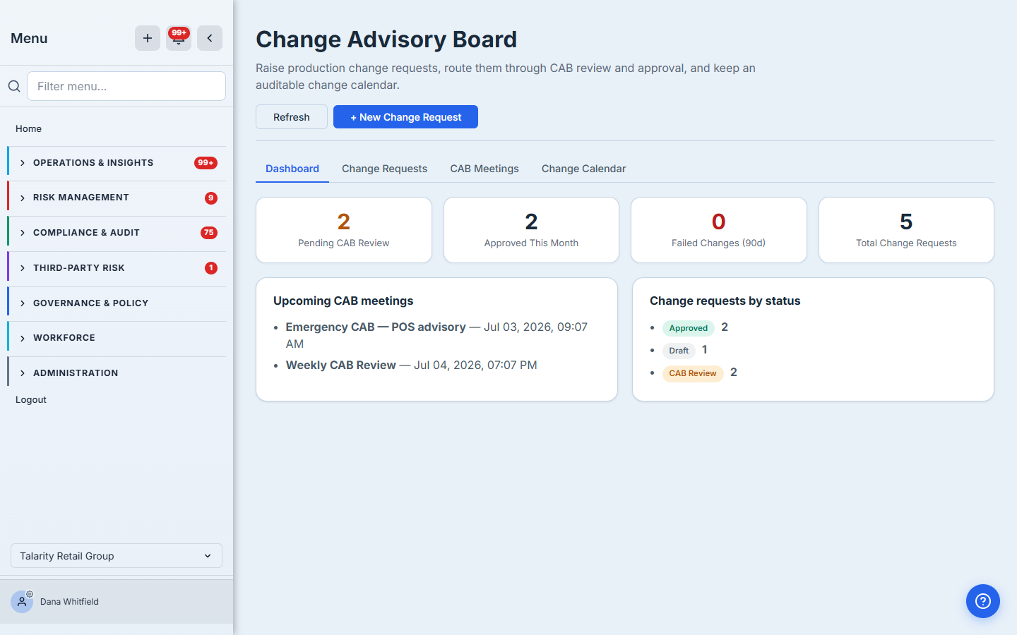 The CAB dashboard: KPI tiles reading 2 Pending CAB Review, 2 Approved This Month, 0 Failed Changes (90d), and 5 Total Change Requests; an "Upcoming CAB meetings" panel; and a "Change requests by status" panel showing Approved 2, Draft 1, CAB Review 2.