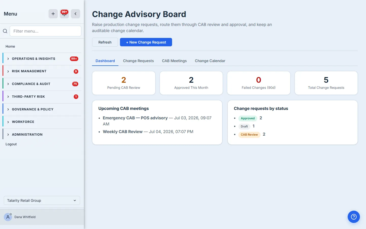 The CAB dashboard: KPI tiles reading 2 Pending CAB Review, 2 Approved This Month, 0 Failed Changes (90d), and 5 Total Change Requests; an "Upcoming CAB meetings" panel; and a "Change requests by status" panel showing Approved 2, Draft 1, CAB Review 2.