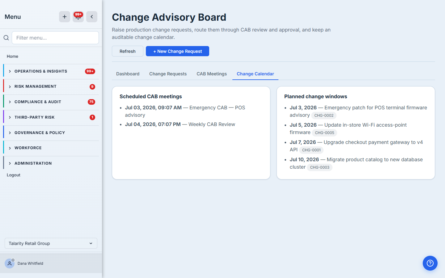 The Change Calendar tab: a "Scheduled CAB meetings" panel (an emergency CAB for the POS advisory, and the weekly CAB review) beside a "Planned change windows" panel listing the POS patch, the Wi-Fi firmware update, the checkout gateway upgrade, and the catalog DB migration, each with its change number and planned date.