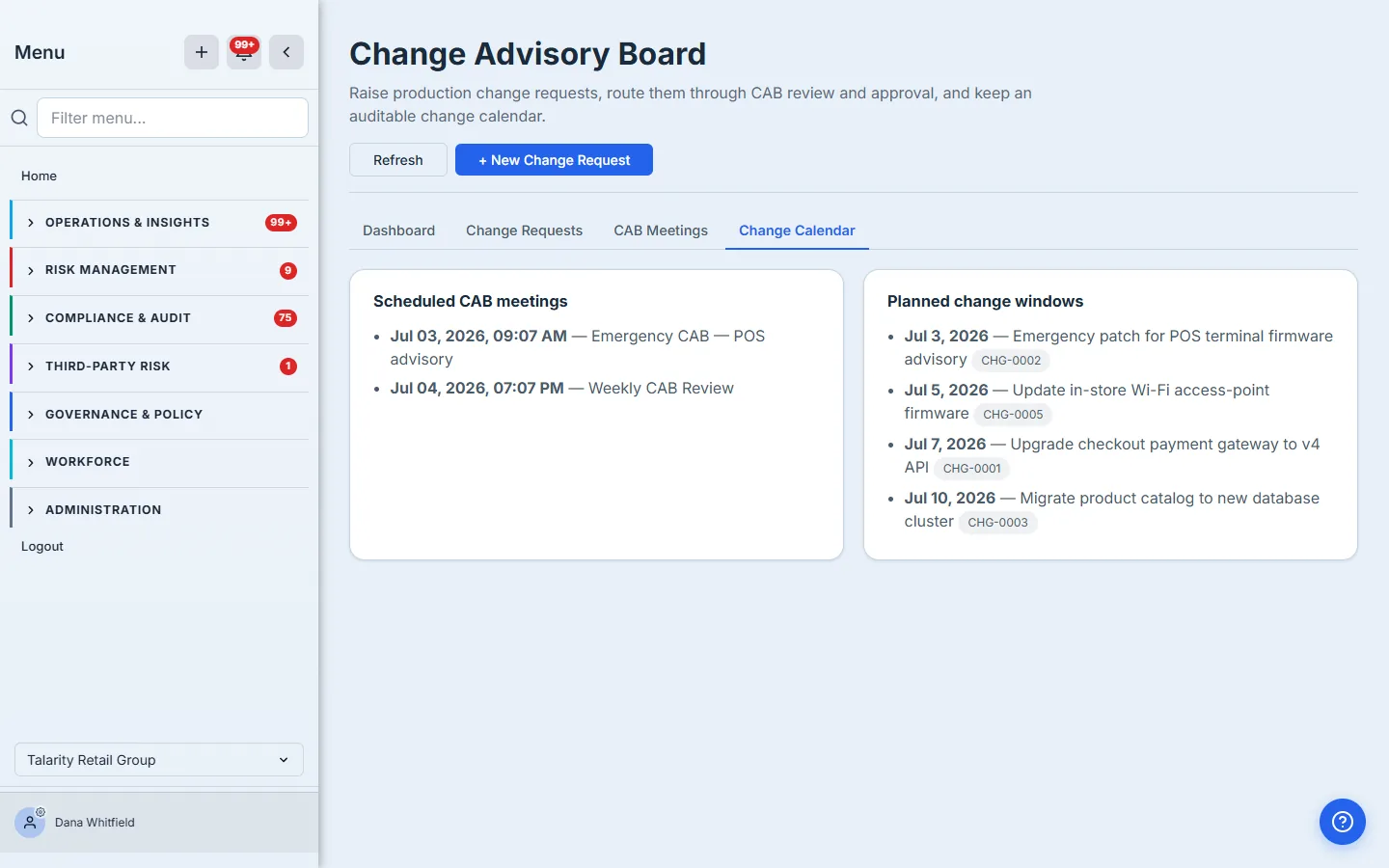 The Change Calendar tab: a "Scheduled CAB meetings" panel (an emergency CAB for the POS advisory, and the weekly CAB review) beside a "Planned change windows" panel listing the POS patch, the Wi-Fi firmware update, the checkout gateway upgrade, and the catalog DB migration, each with its change number and planned date.
