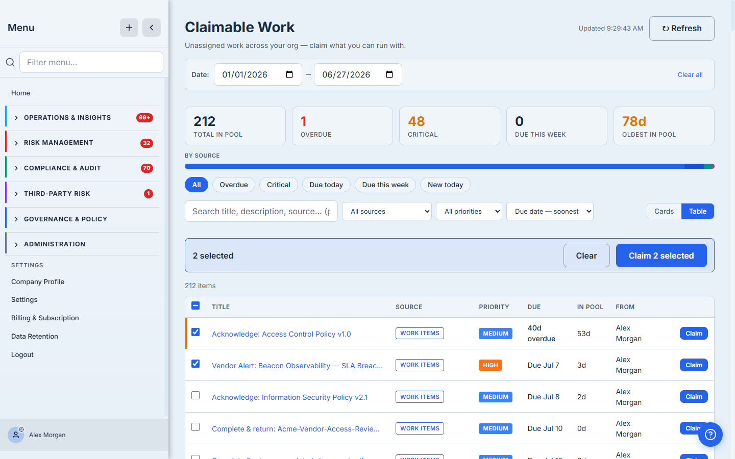 The claimable pool with two distinct items selected (a policy acknowledgement and a vendor SLA-breach alert) and the bulk action bar showing "Claim 2 selected" — multi-select claiming for when you're picking up a batch at once.