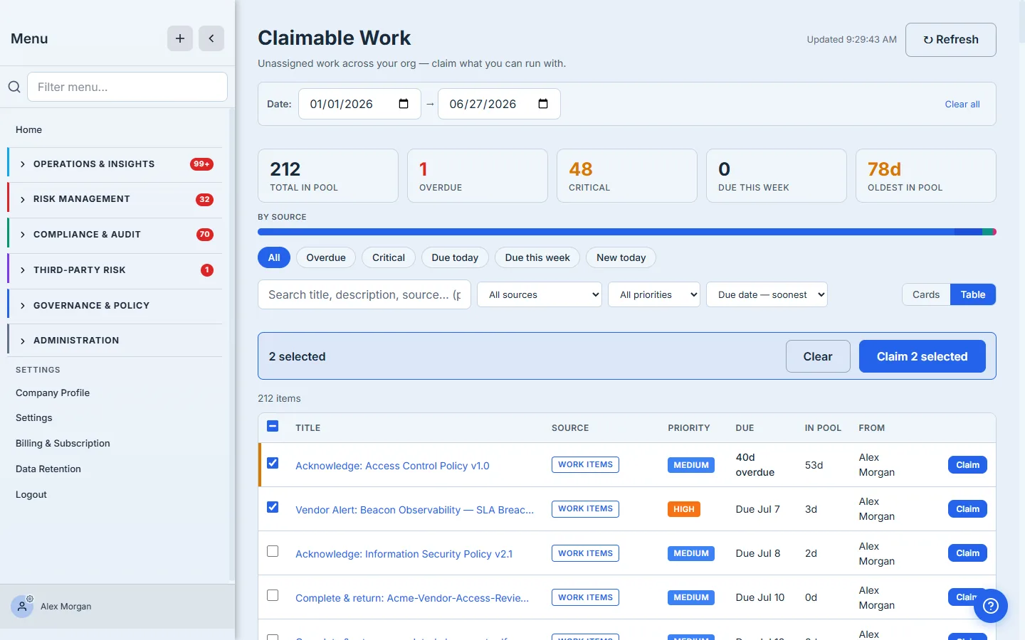 The claimable pool with two distinct items selected (a policy acknowledgement and a vendor SLA-breach alert) and the bulk action bar showing "Claim 2 selected" — multi-select claiming for when you're picking up a batch at once.