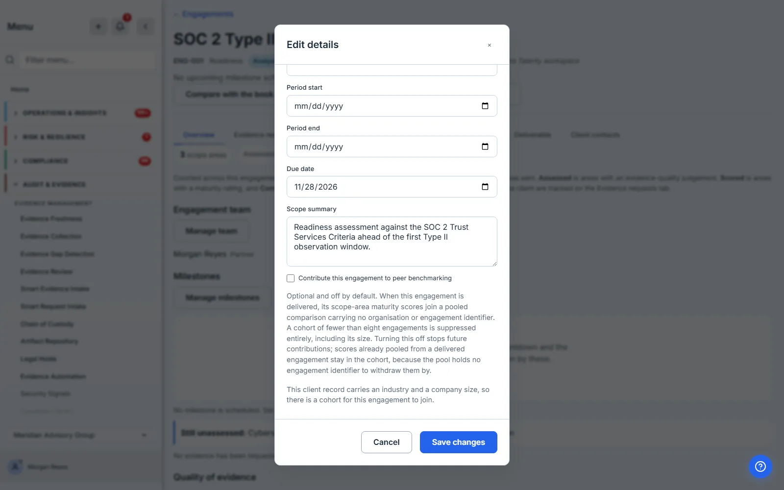 The engagement edit form's peer benchmarking consent checkbox, unticked, above the text stating that only scope-area maturity scores are pooled, that they carry no organisation or engagement identifier, and that this client record has an industry and a size so a cohort exists for it to join.