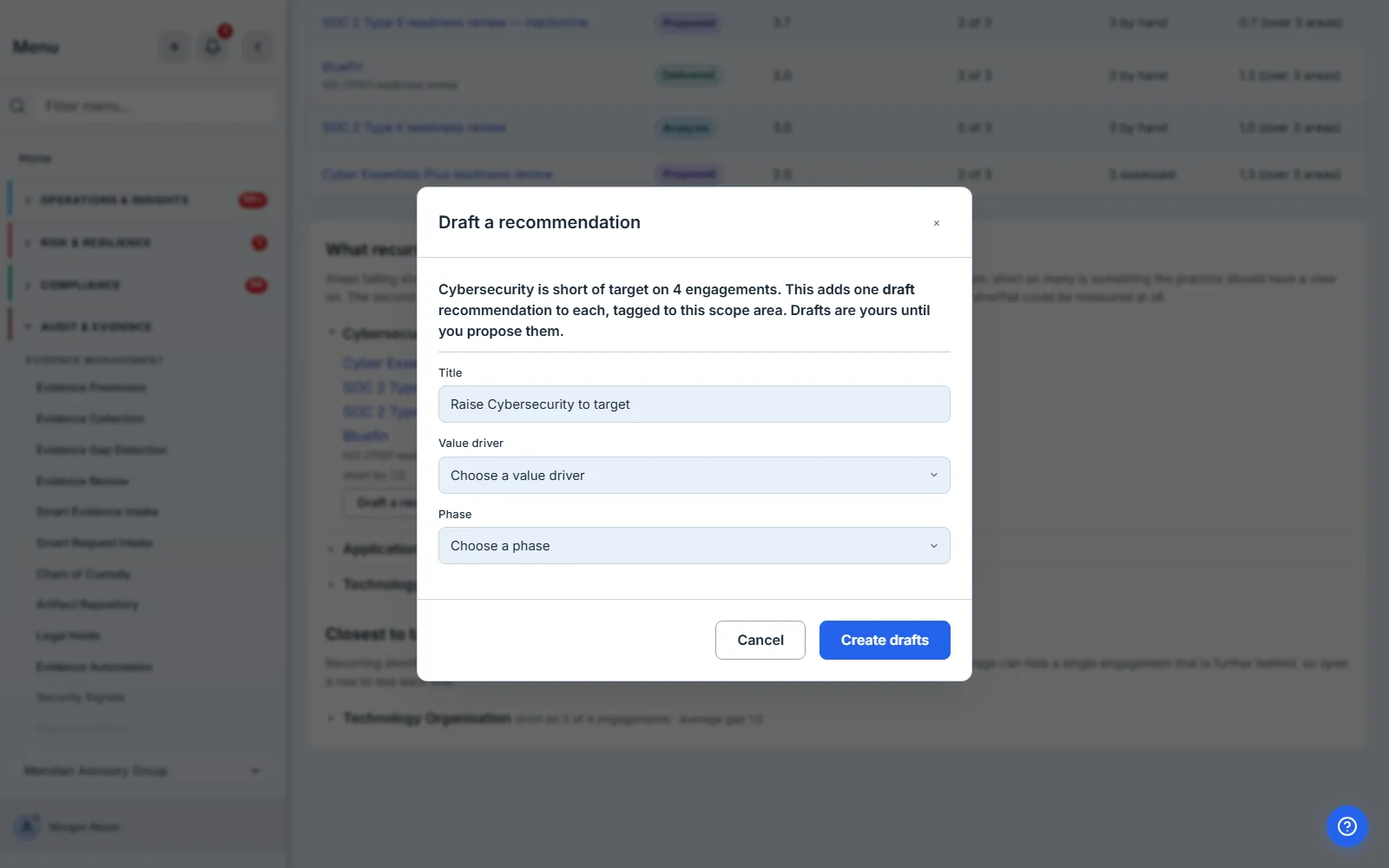 The Draft a recommendation dialog, opened from a shortfall row: it names the scope area and how many engagements it is short of target on, offers a title, and asks for a value driver and a phase with neither preselected.