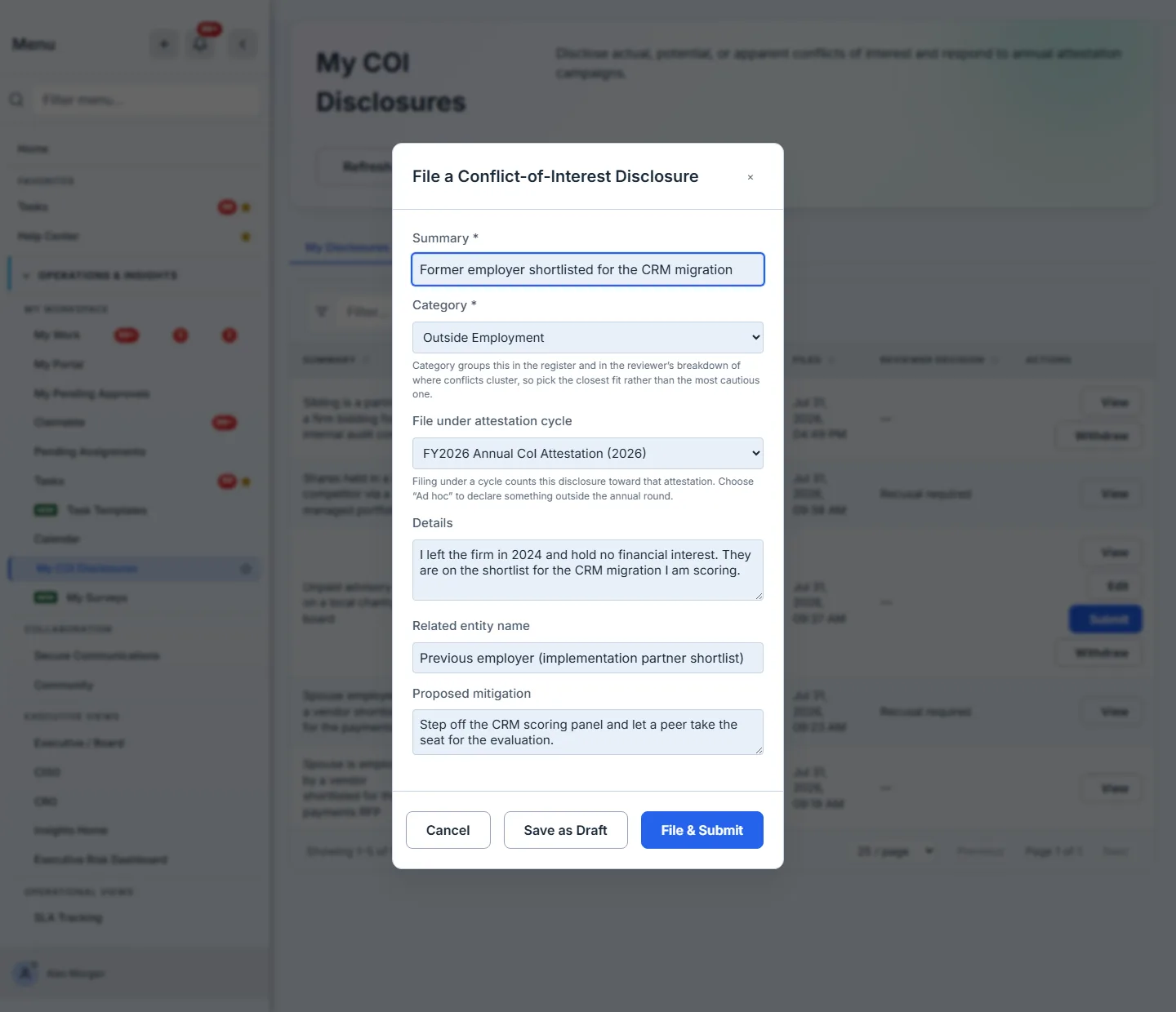 The File a Conflict-of-Interest Disclosure modal with a summary field, a Category select reading "Outside Employment", an attestation-cycle picker set to "FY2026 Annual CoI Attestation (2026)", details, related entity and proposed mitigation fields, and a footer offering Cancel, Save as Draft and File & Submit.