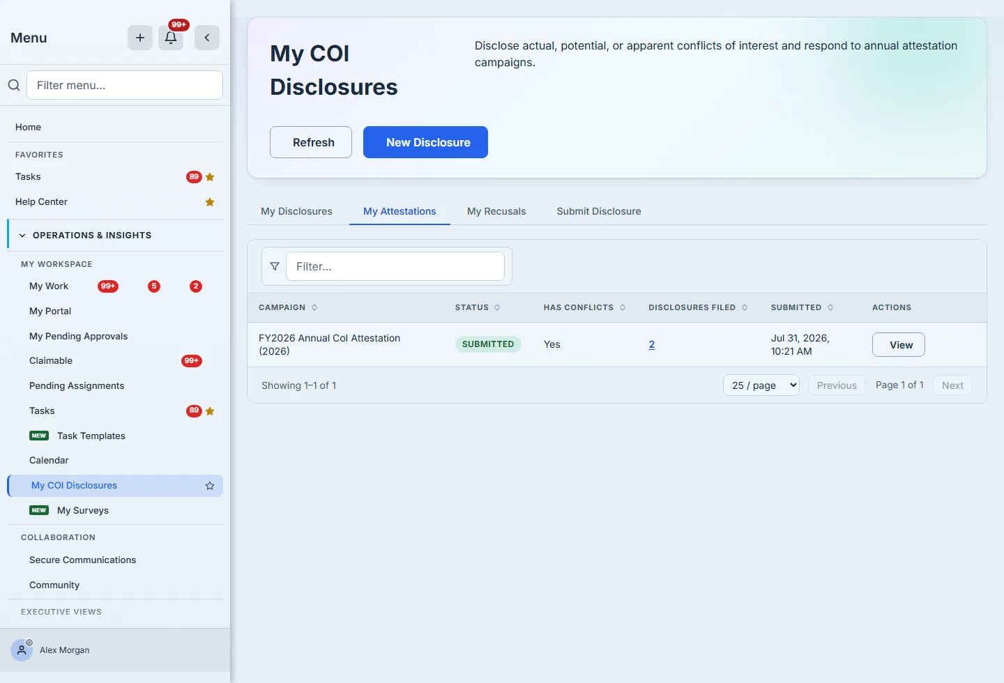 The My Attestations tab showing one row: "FY2026 Annual CoI Attestation (2026)", status Submitted in green, Has conflicts Yes, a Disclosures Filed count of 2 rendered as an underlined link, submitted Jul 31 2026, with a View action only — the answer is locked once sent.