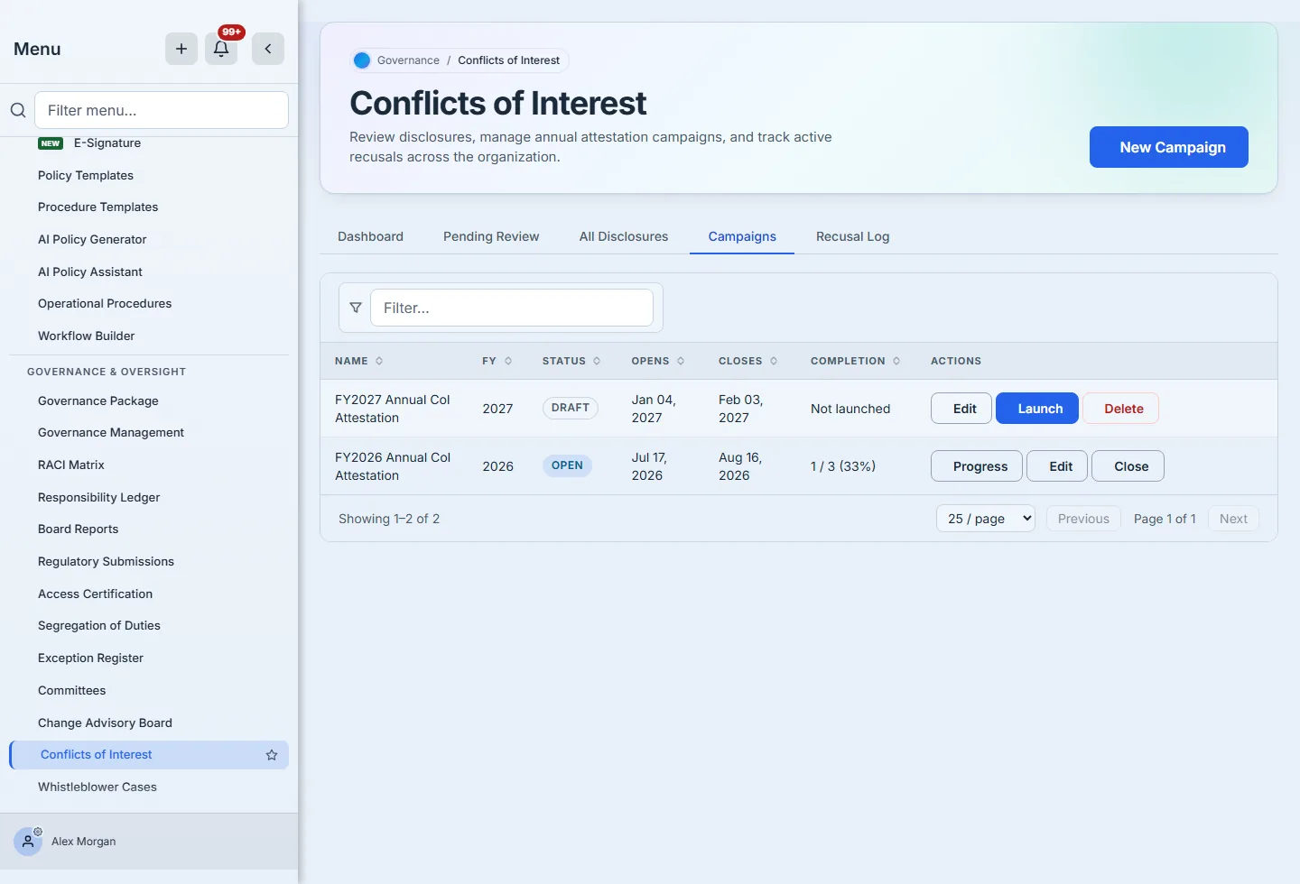 The Campaigns tab showing two campaigns: FY2027 at status Draft, its completion reading "Not launched", offering Edit, Launch and Delete; FY2026 at status Open in blue with 1 / 3 (33%), offering Progress, Edit and Close — the two states offering different actions.