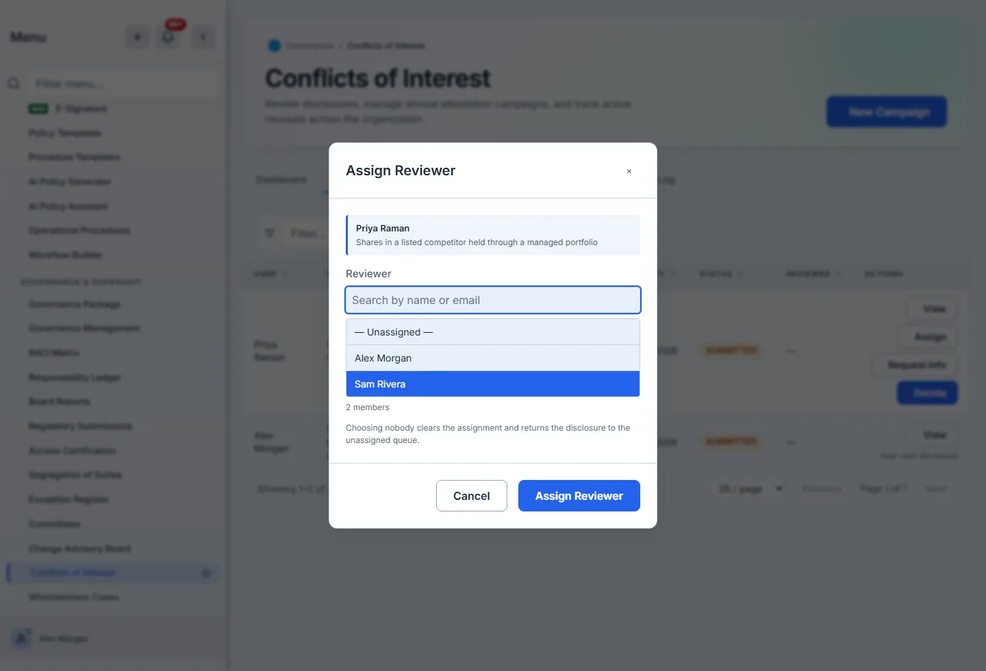 The Assign Reviewer modal, headed with Priya Raman's disclosure, showing a "Search by name or email" box above a list of org members by name with Sam Rivera selected and highlighted. "— Unassigned —" is the first option, a count states how many members are listed, and a note explains that choosing nobody returns the disclosure to the unassigned queue.
