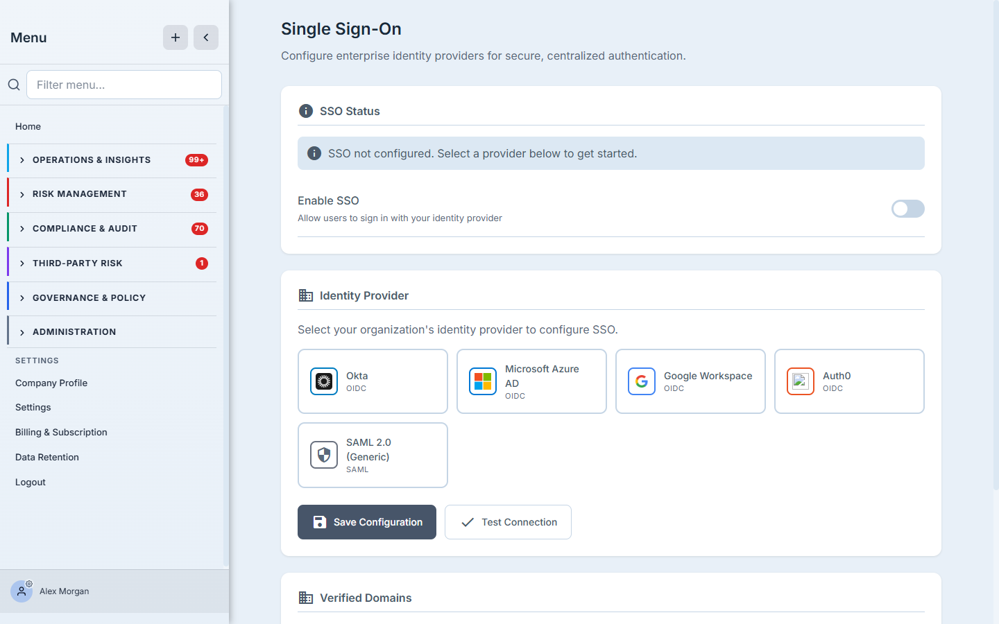 The Single Sign-On configuration — an "SSO not configured" status with an Enable toggle, and an identity-provider picker showing Okta, Microsoft Azure AD, Google Workspace, Auth0, and SAML 2.0, plus Save Configuration and Test Connection.