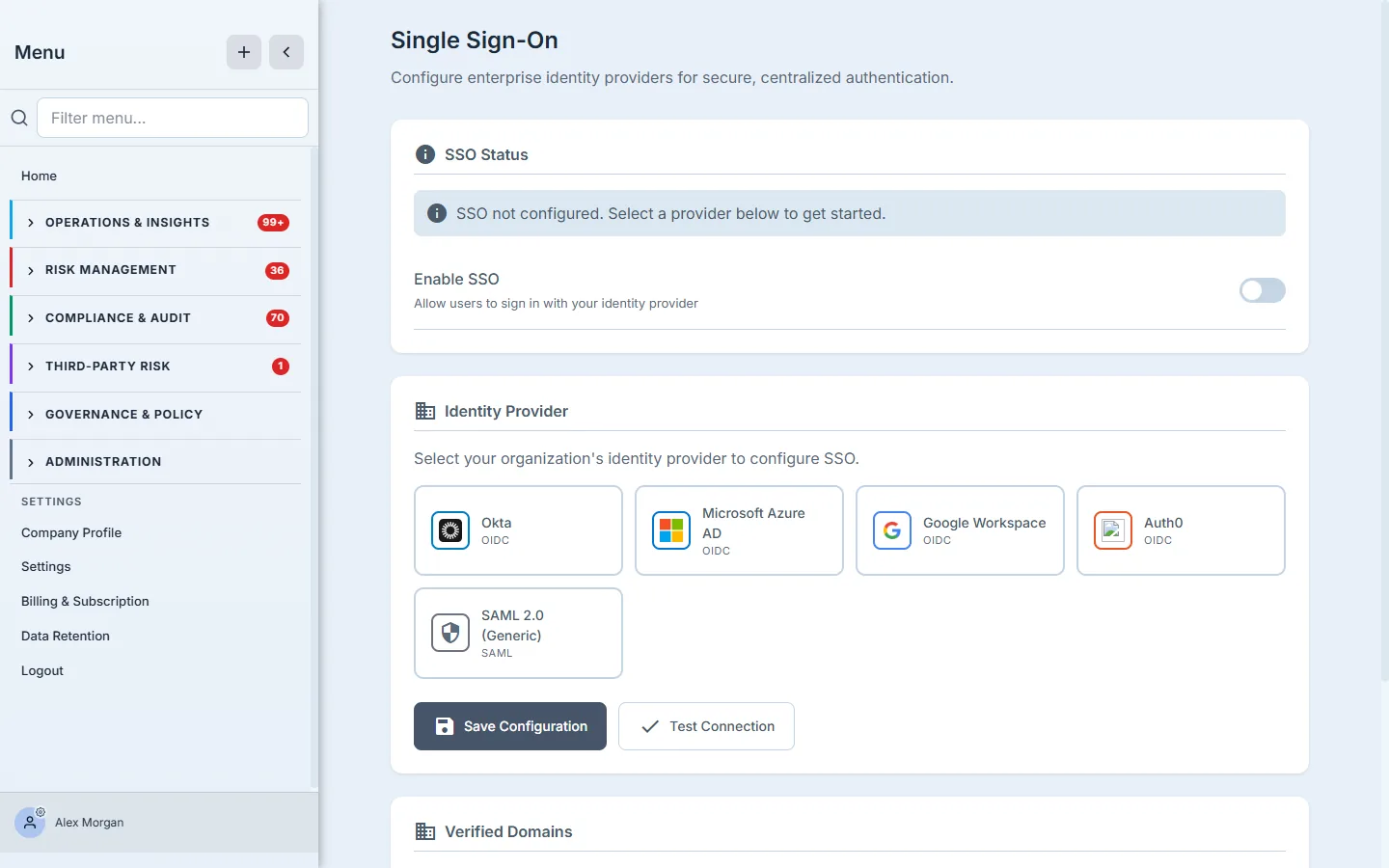The Single Sign-On configuration — an "SSO not configured" status with an Enable toggle, and an identity-provider picker showing Okta, Microsoft Azure AD, Google Workspace, Auth0, and SAML 2.0, plus Save Configuration and Test Connection.