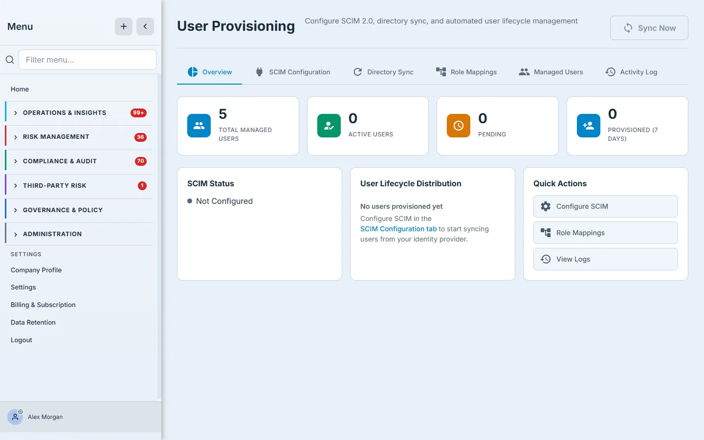 The User Provisioning (SCIM) overview — managed-user KPI tiles (total / active / pending / provisioned), an SCIM Status card, a "No users provisioned yet — configure SCIM to start syncing" empty state, and tabs for SCIM Configuration, Directory Sync, Role Mappings, Managed Users, and Activity Log.
