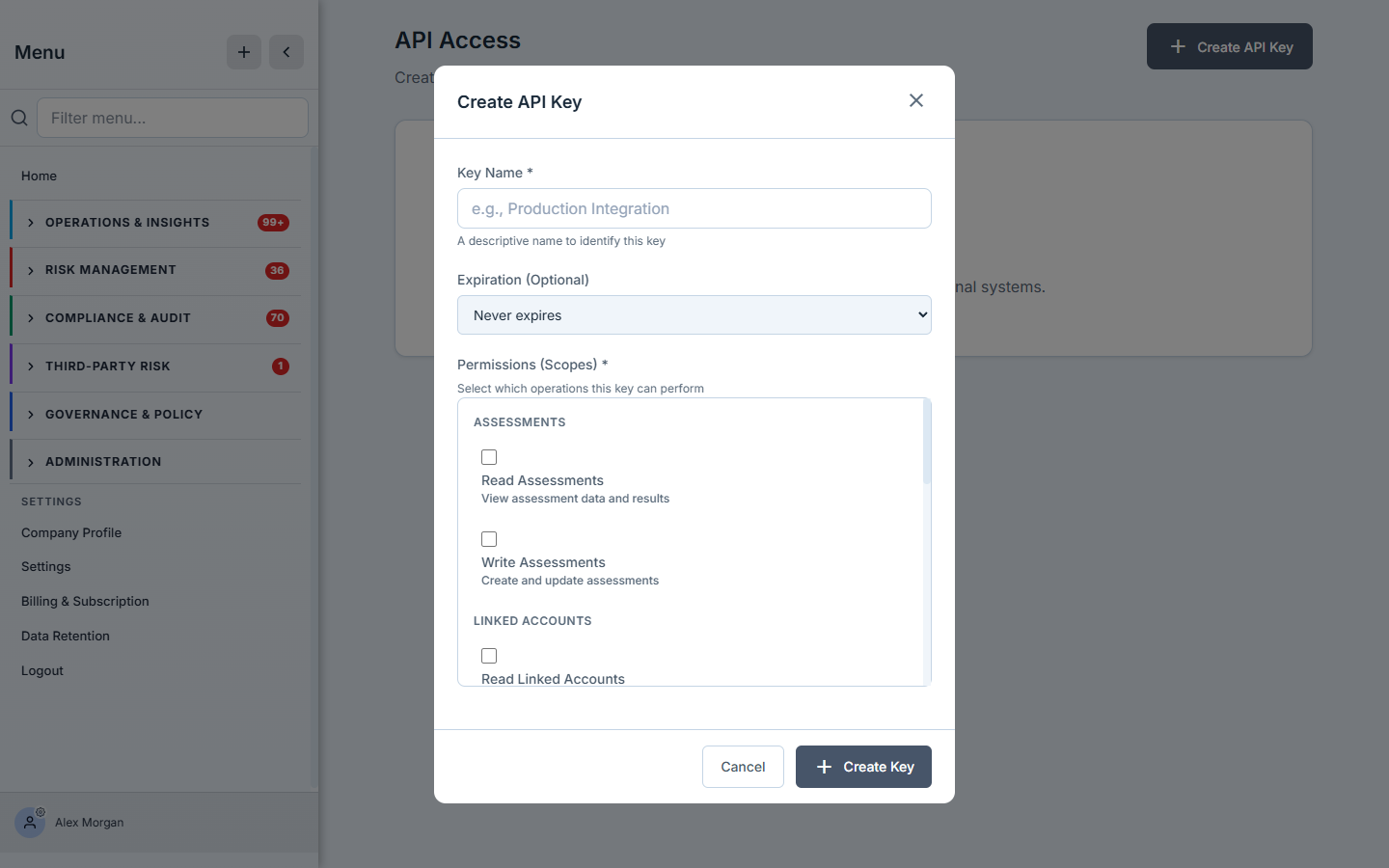 The Create API Key dialog — a Key Name field, an Expiration dropdown ("Never expires"), and a scoped Permissions list with checkboxes grouped by domain (Read/Write Assessments, Read Linked Accounts…), plus a Create Key action.