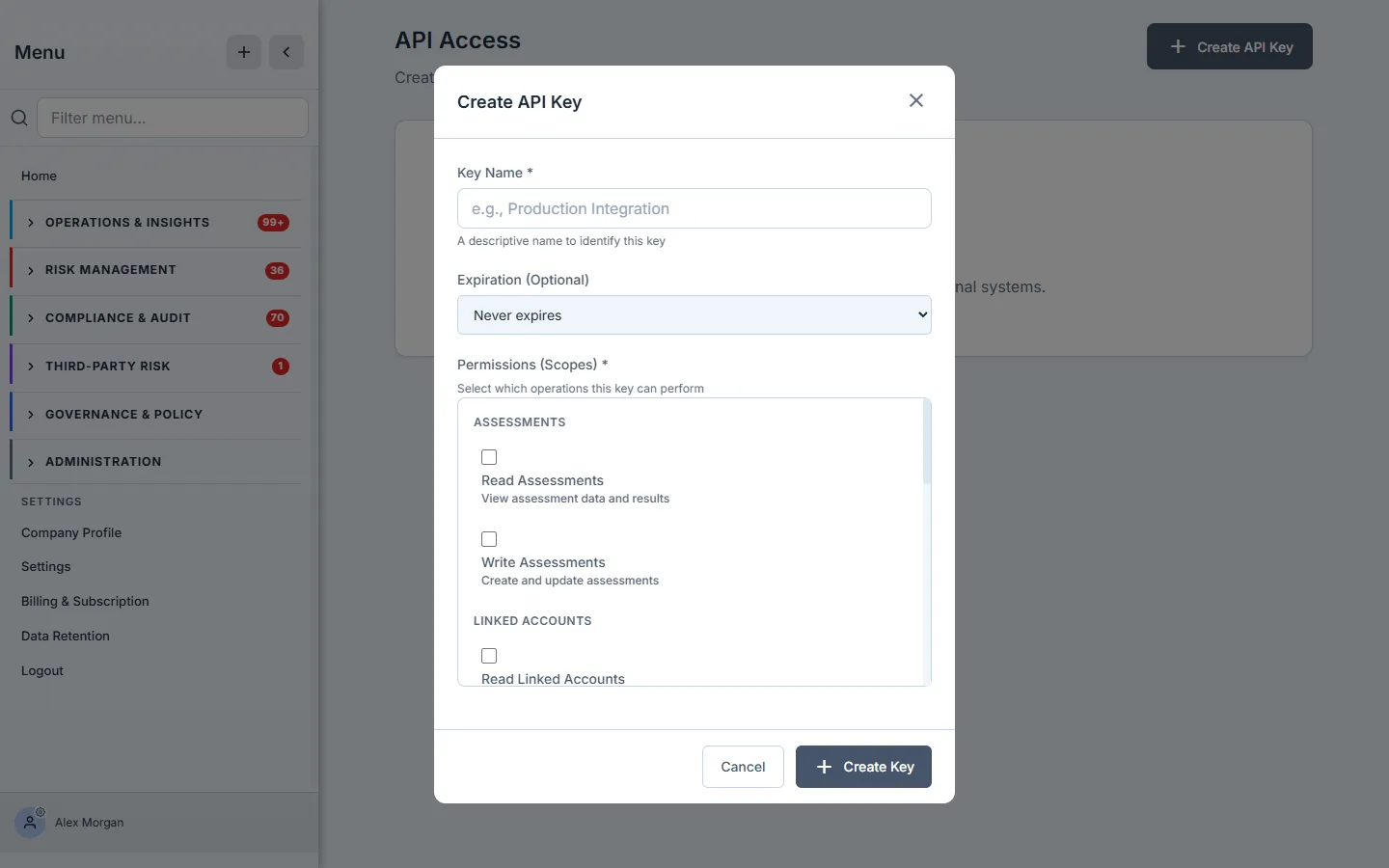 The Create API Key dialog — a Key Name field, an Expiration dropdown ("Never expires"), and a scoped Permissions list with checkboxes grouped by domain (Read/Write Assessments, Read Linked Accounts…), plus a Create Key action.