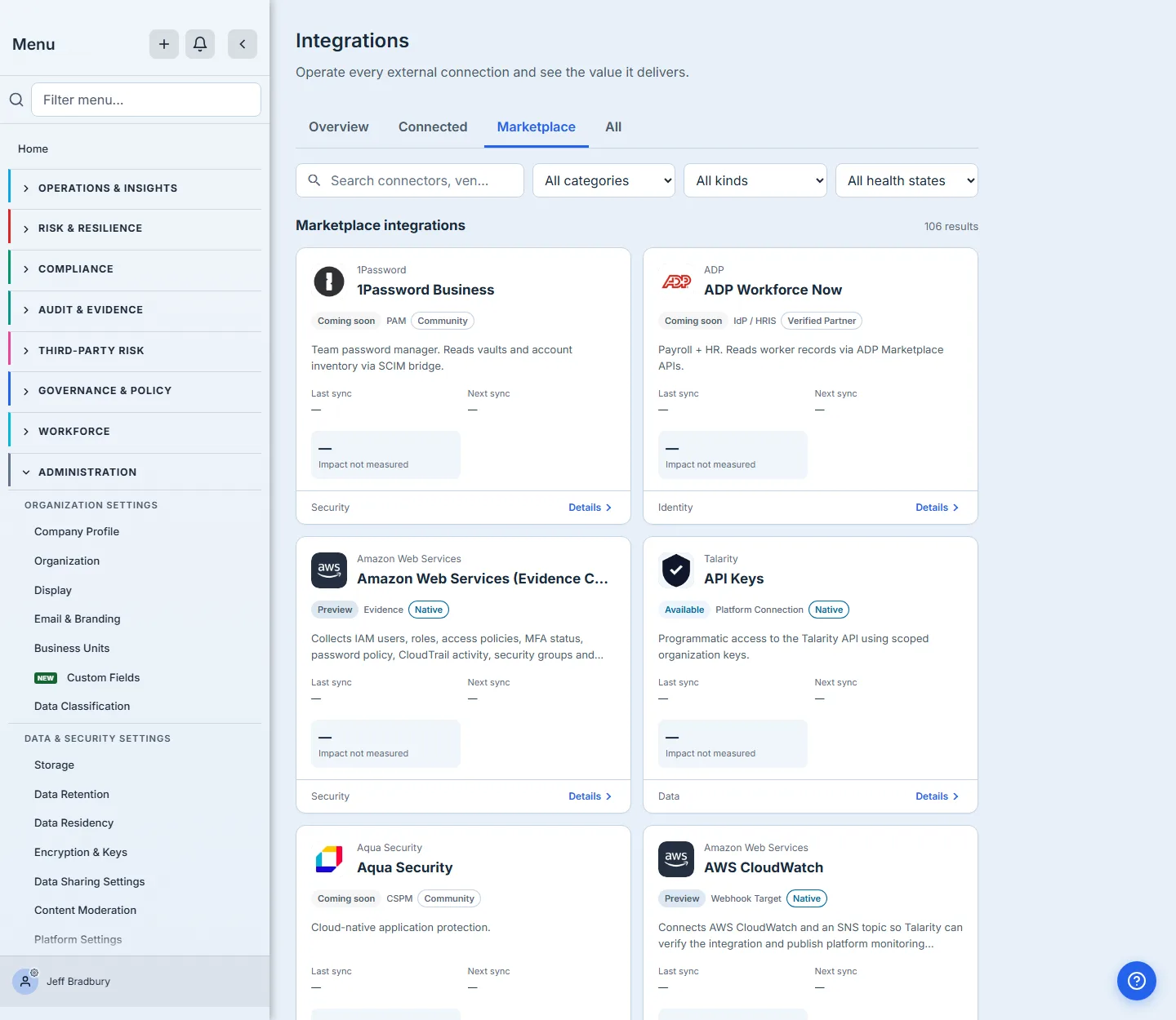 The Marketplace tab grid: each card shows its vendor brand mark, vendor and product name, a badge row carrying status, kind and support tier, a description, sync timings and its category in the footer.
