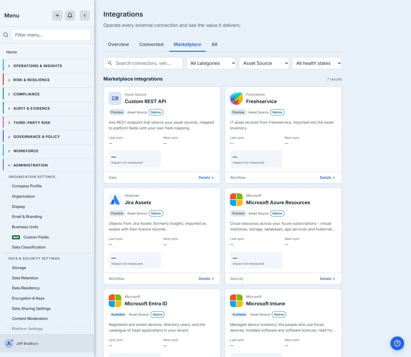 The Marketplace grid filtered to Asset Source: 7 results, each card carrying its Asset Source kind badge and its support tier alongside its status.