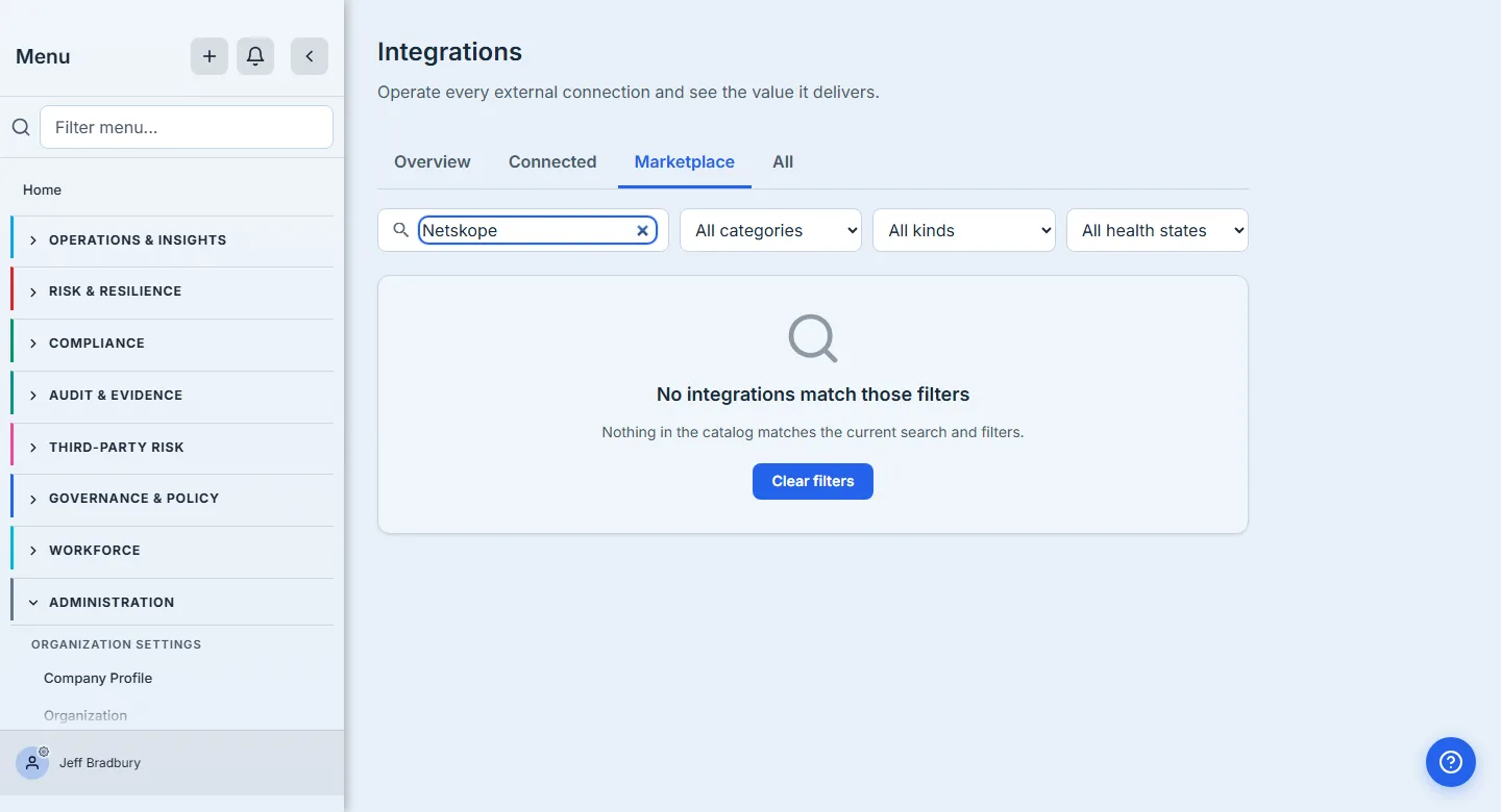 The Marketplace tab with a search for a connector the catalog does not contain: "No integrations match those filters — nothing in the catalog matches the current search and filters", above a Clear filters button.