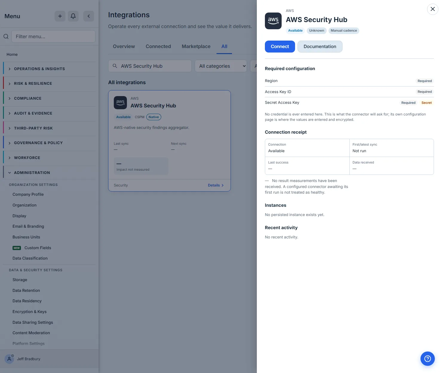 The AWS Security Hub detail panel: an Available badge, a Connect action, and a Required configuration list showing Region, Access Key ID and Secret Access Key — each flagged Required, and the Secret Access Key additionally flagged Secret.