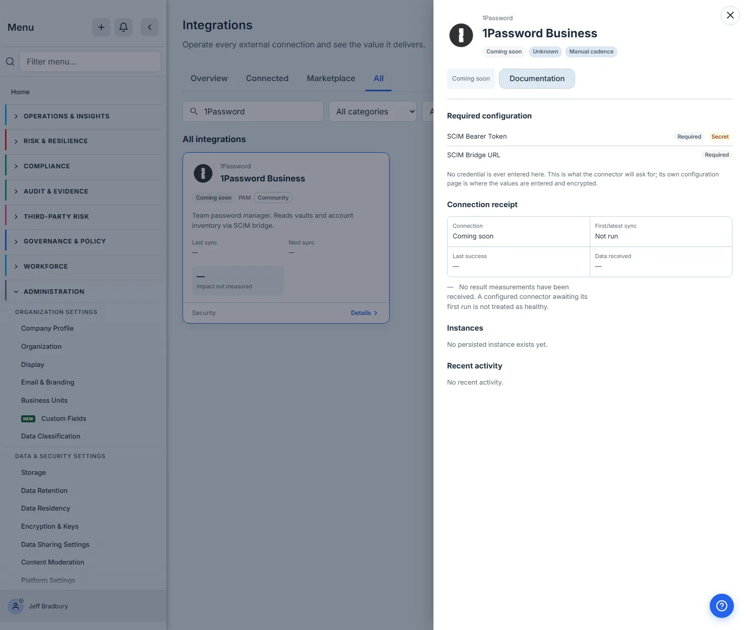 The 1Password Business detail panel: a Coming soon badge, a disabled Coming soon button in place of Connect, and the connection receipt showing nothing has ever run.