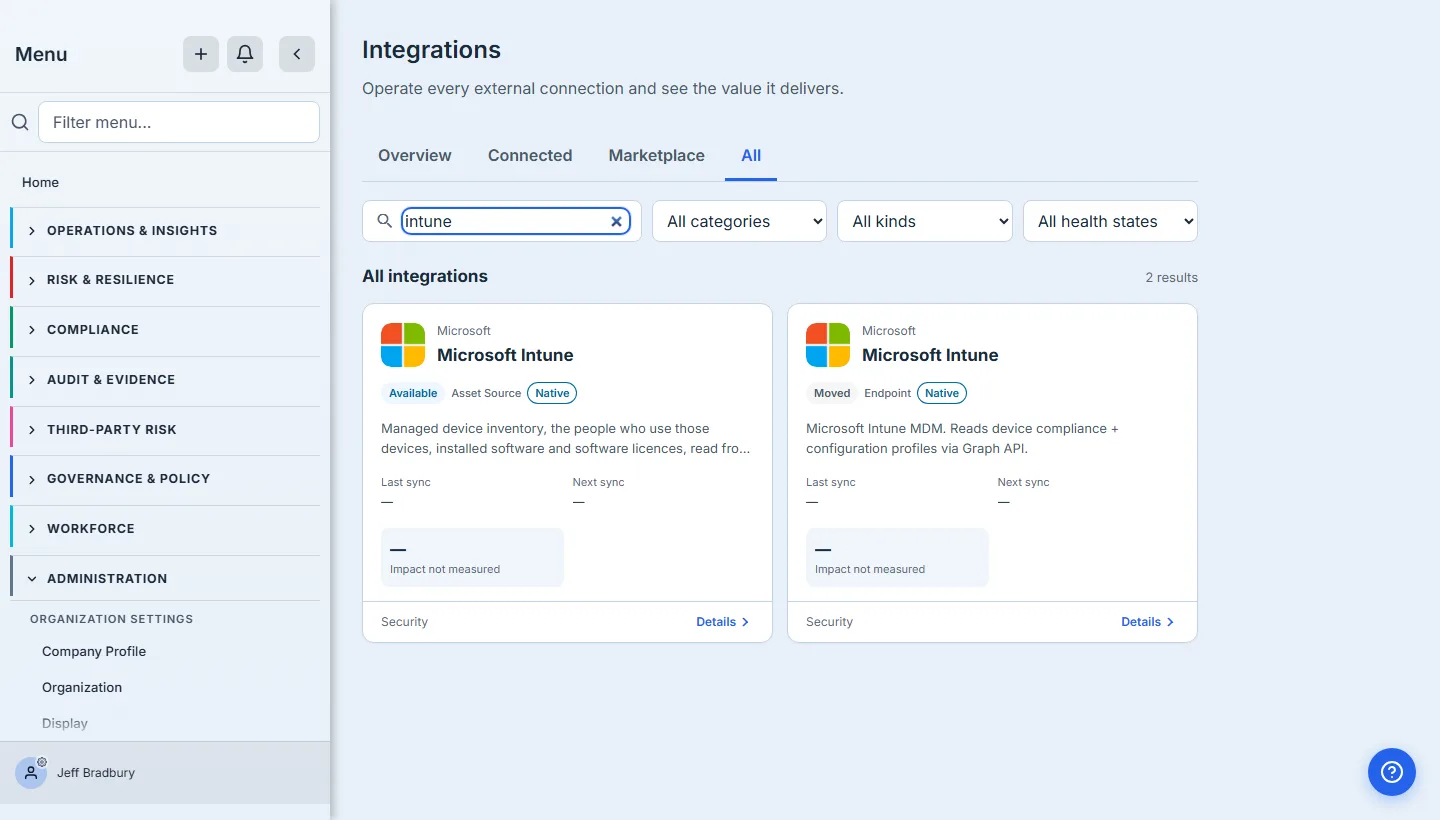 Two search results for "intune": one card badged Available with an Asset Source kind badge, and the retired one badged Moved with an Endpoint kind badge.