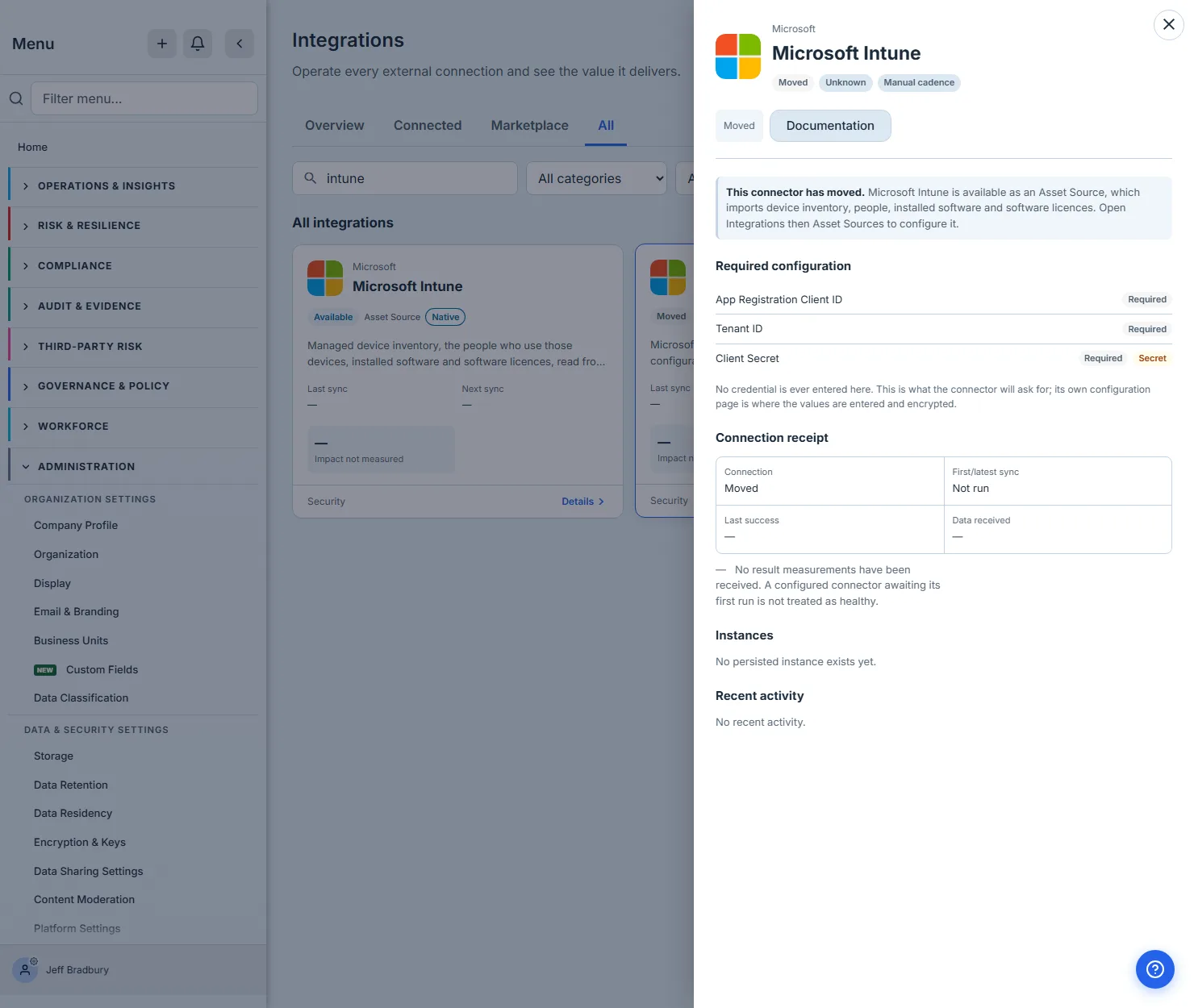 The Microsoft Intune detail panel for the retired Endpoint connector: a Moved badge, a disabled Moved button, and a notice explaining that Intune is available as an Asset Source importing device inventory, people, installed software and software licences.