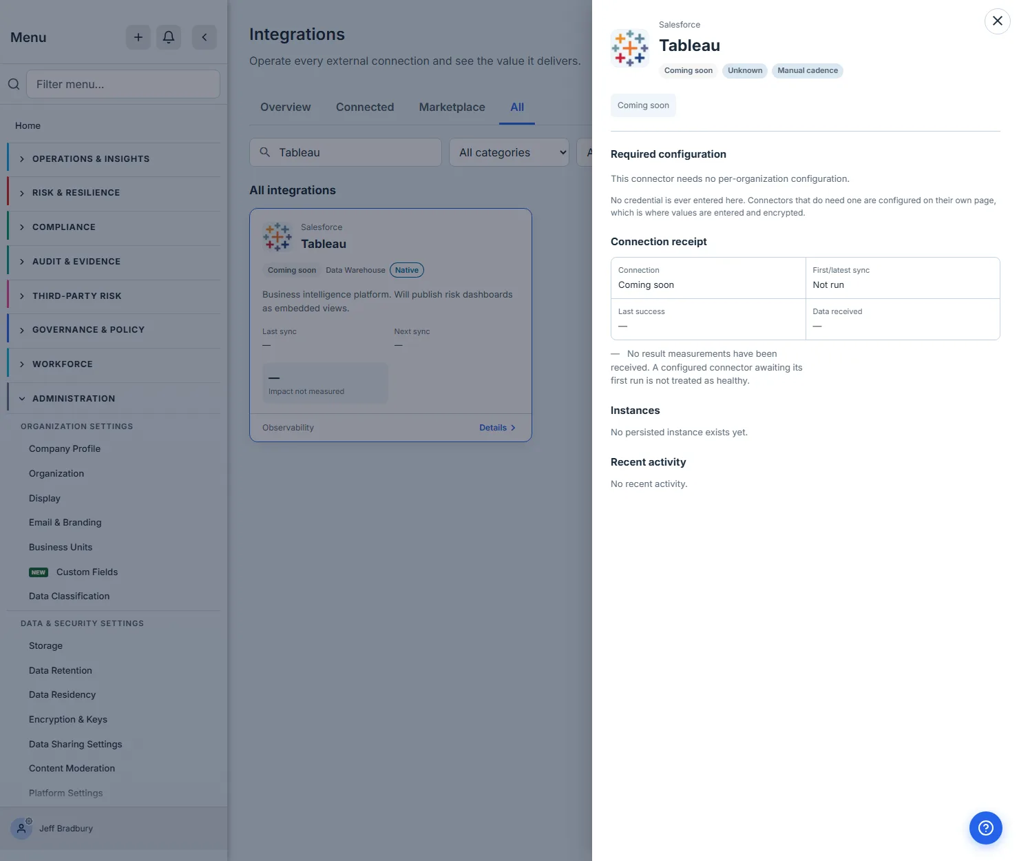 The Tableau detail panel, a Coming soon connector, whose Required configuration section reads that the connector needs no per-organization configuration.