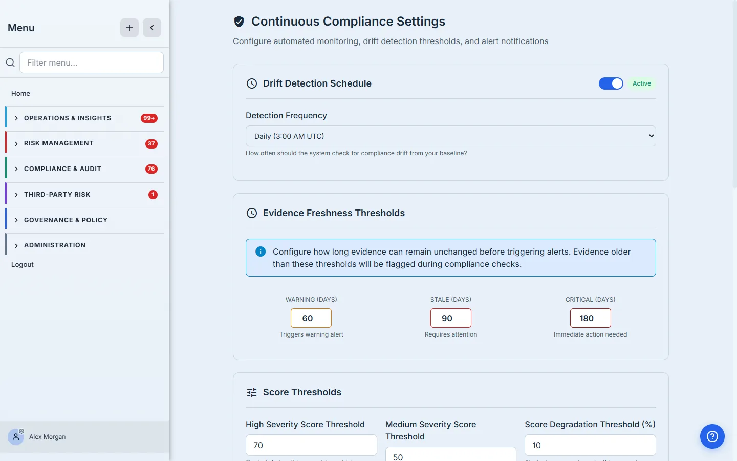 Continuous Compliance Settings — Drift Detection Schedule set to Daily (3 AM UTC), Evidence Freshness Thresholds of 60 / 90 / 180 days for warning / stale / critical, and Score Thresholds for high/medium severity and degradation percentage.