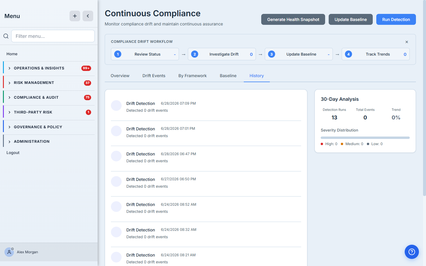 The History tab — a chronological list of drift detection runs, each stamped with date and time and the number of drift events detected.