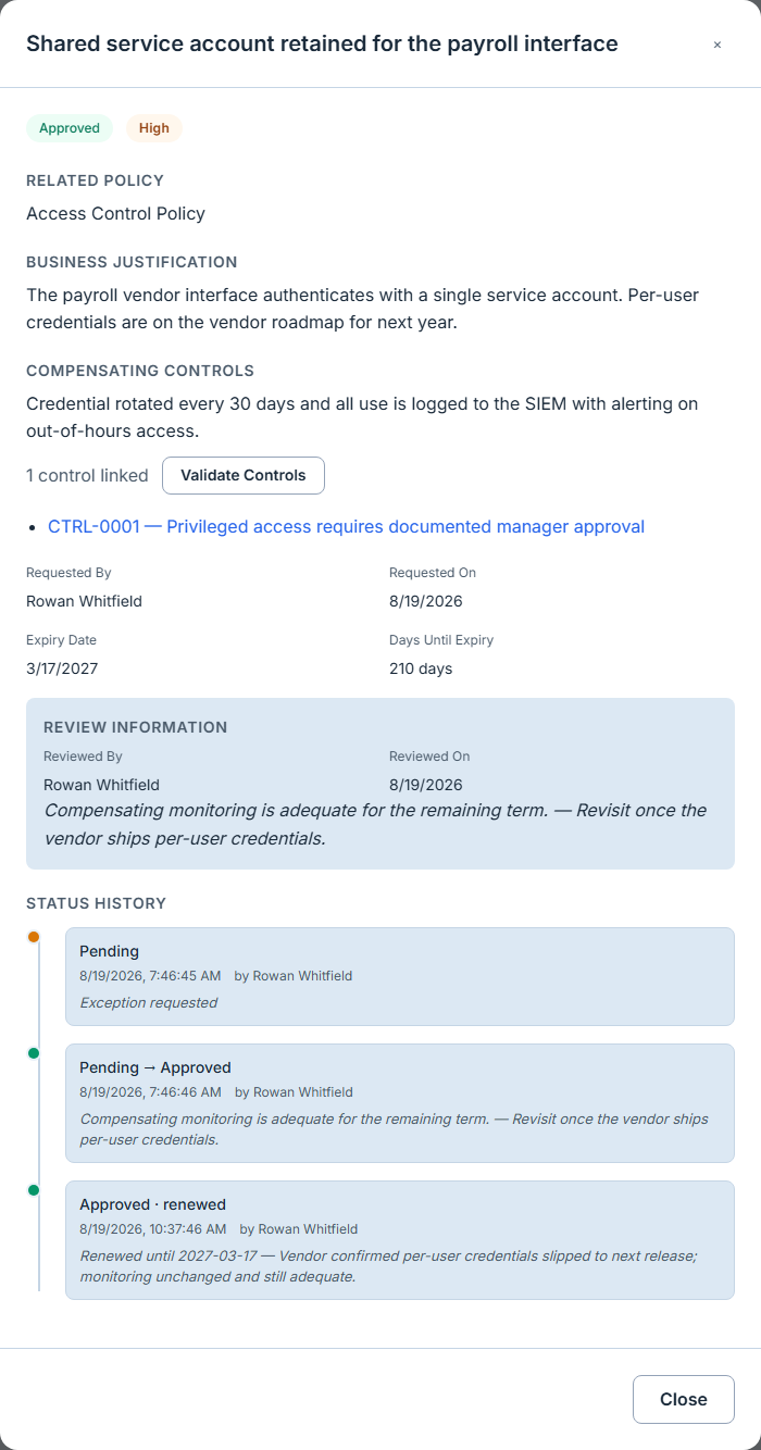 The detail pane for an approved exception, scrolled to its Status History: three entries on one timeline, each with a coloured dot, an actor named Rowan Whitfield and a note — "Pending / Exception requested", "Pending → Approved" carrying the approval rationale, and "Approved · renewed" carrying the new expiry date of 2027-03-17 and the reason it was extended.