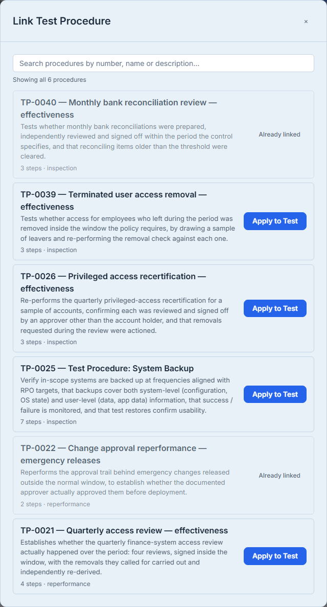 The Link Test Procedure dialog, showing all 6 procedures. Each card gives its number, name, description and “N steps · method” — TP-0039, TP-0026, TP-0025 and TP-0021 offer Apply to Test, while TP-0040 (3 steps) and TP-0022 (2 steps) are greyed and read Already linked, being the two already on this test.