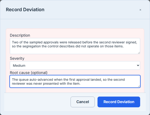 The Record Deviation dialog, carrying exactly three fields: a Description recording that two sampled approvals were released before the second reviewer signed, a Severity of Medium, and an optional Root cause naming the queue auto-advancing past the second reviewer. There is no field for which sampled item deviated.
