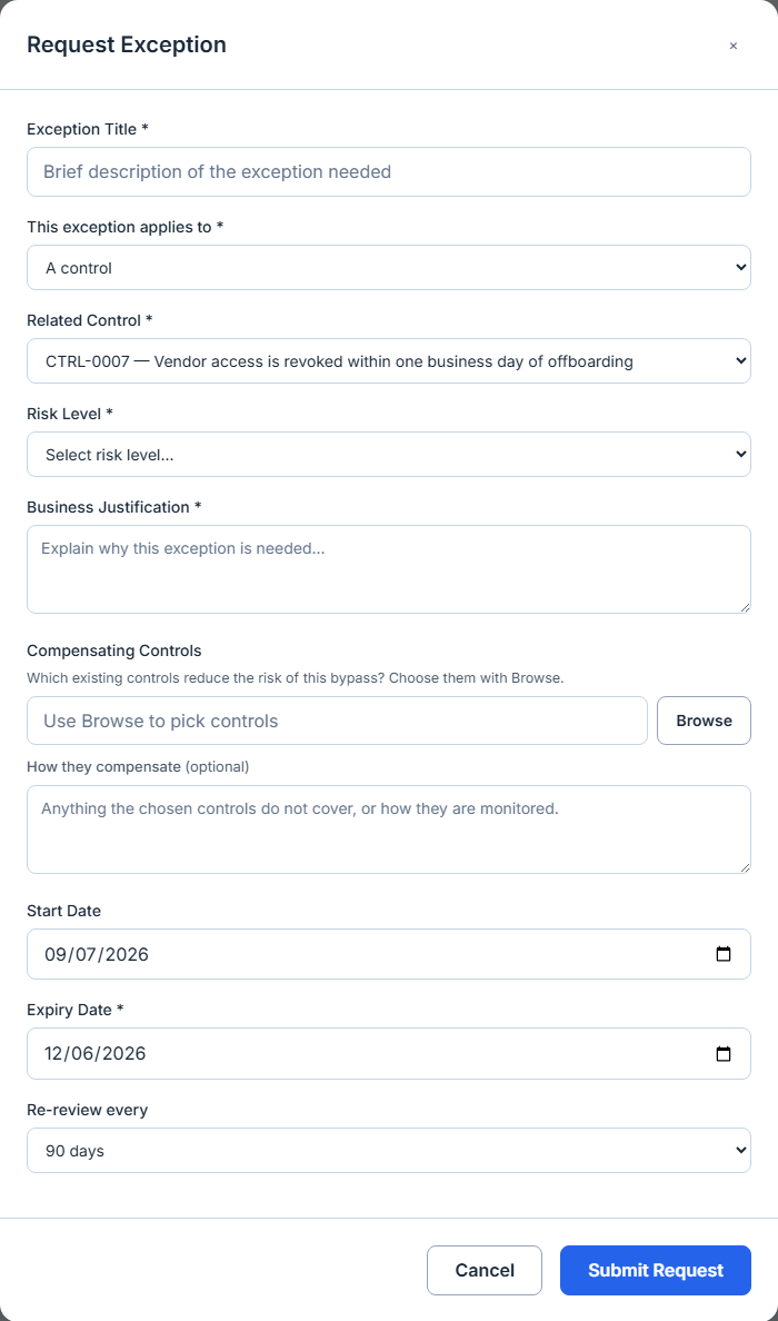 The Request Exception dialog. Exception Title, applies-to, Related Control, Risk Level, Business Justification and Expiry Date are all marked required; Related Control is set to CTRL-0007. Compensating Controls are chosen with Browse, with an optional note on how they compensate. Start Date is 09/07/2026, Expiry Date 12/06/2026, and Re-review every is set to 90 days. There is no owner field.