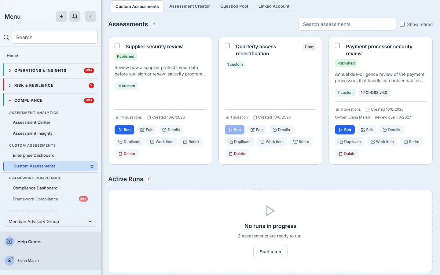 Custom Assessments: the published payment-processor review with its owner Elena Marsh and next review date, a draft, and a published assessment started from the Vendor Security Review template.