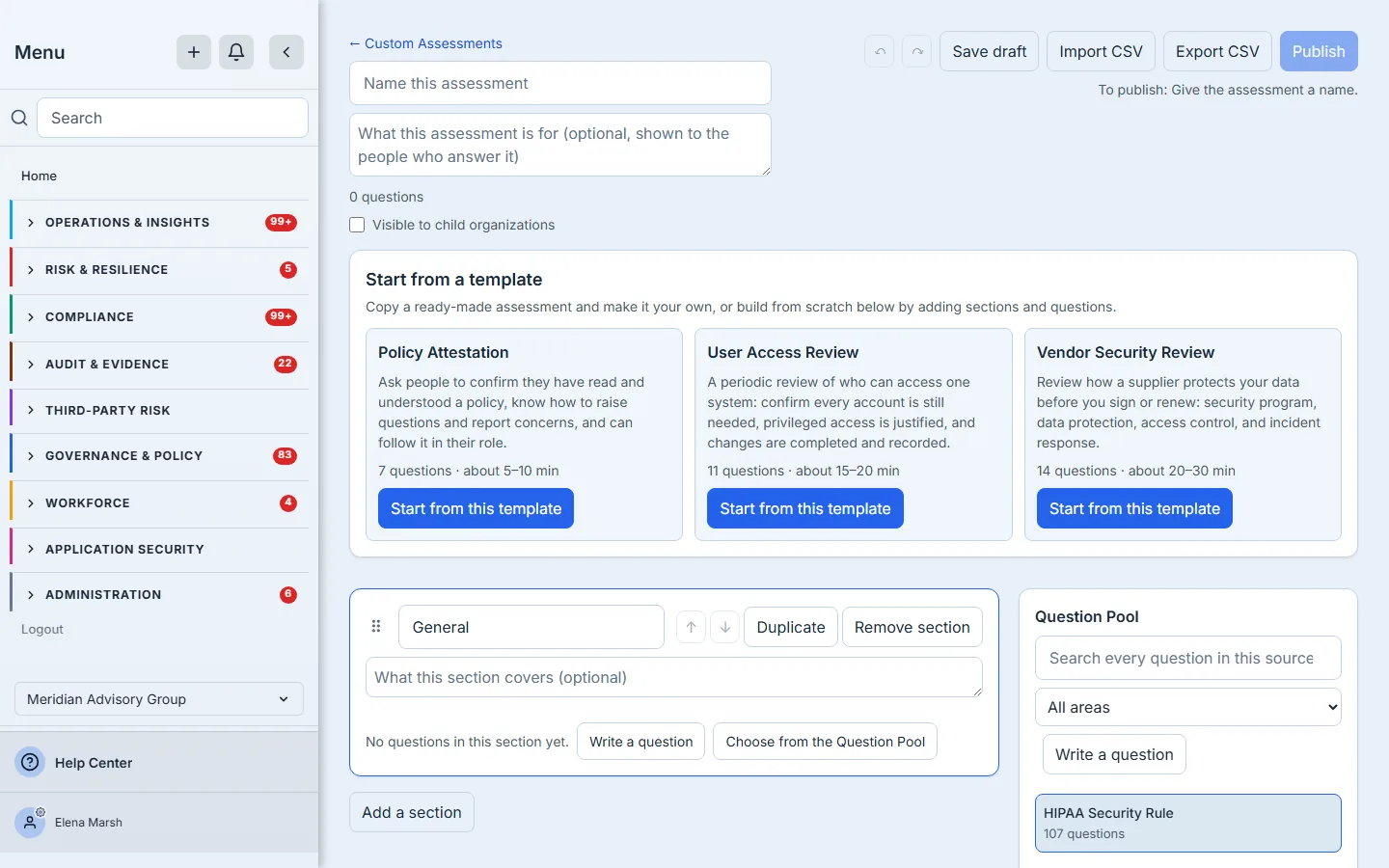 The builder for a new assessment, offering three starting templates beside an empty first section.