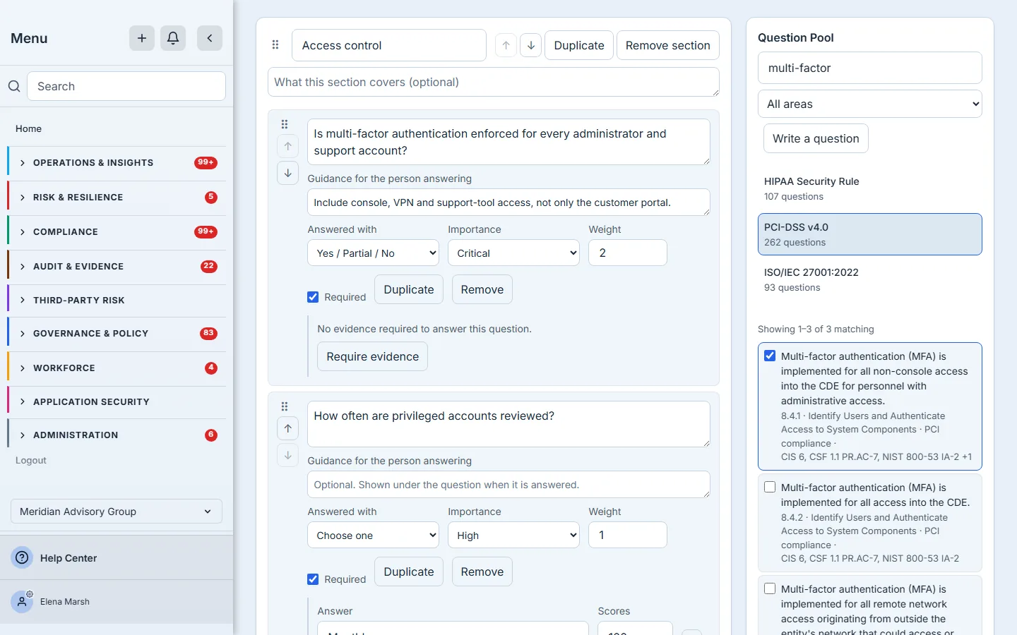 The Question Pool beside the canvas: the PCI-DSS v4.0 source searched for "multi-factor", with requirement 8.4.1 ticked and its mapped controls shown.