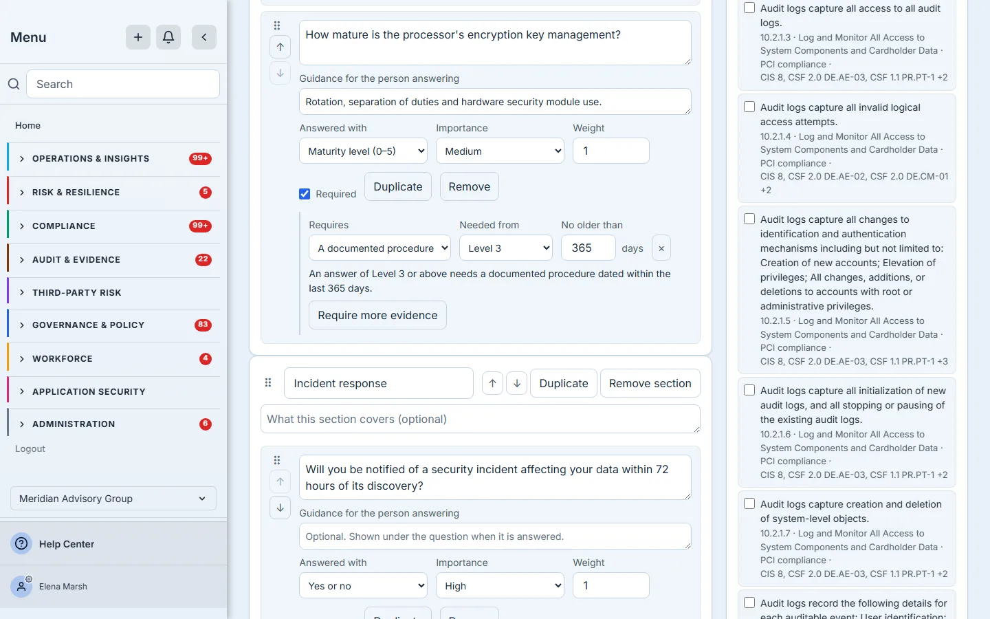 An evidence requirement on the key-management question: a documented procedure, needed from Level 3, no older than 365 days, with the rule stated in a sentence beneath it.