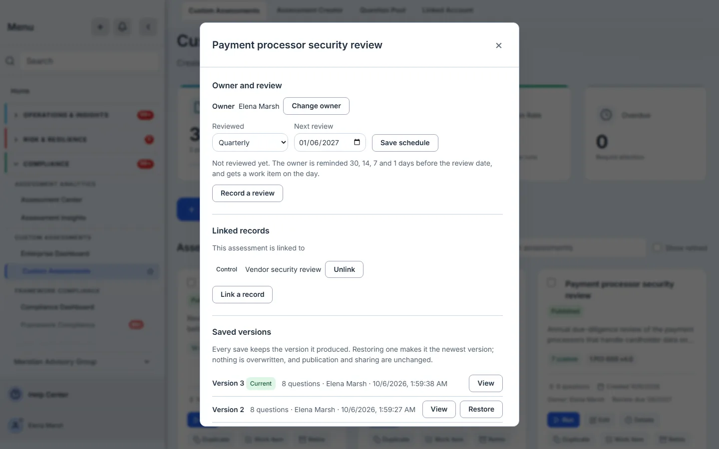 Details for the payment-processor review: owner Elena Marsh, a quarterly review schedule, and a linked control.