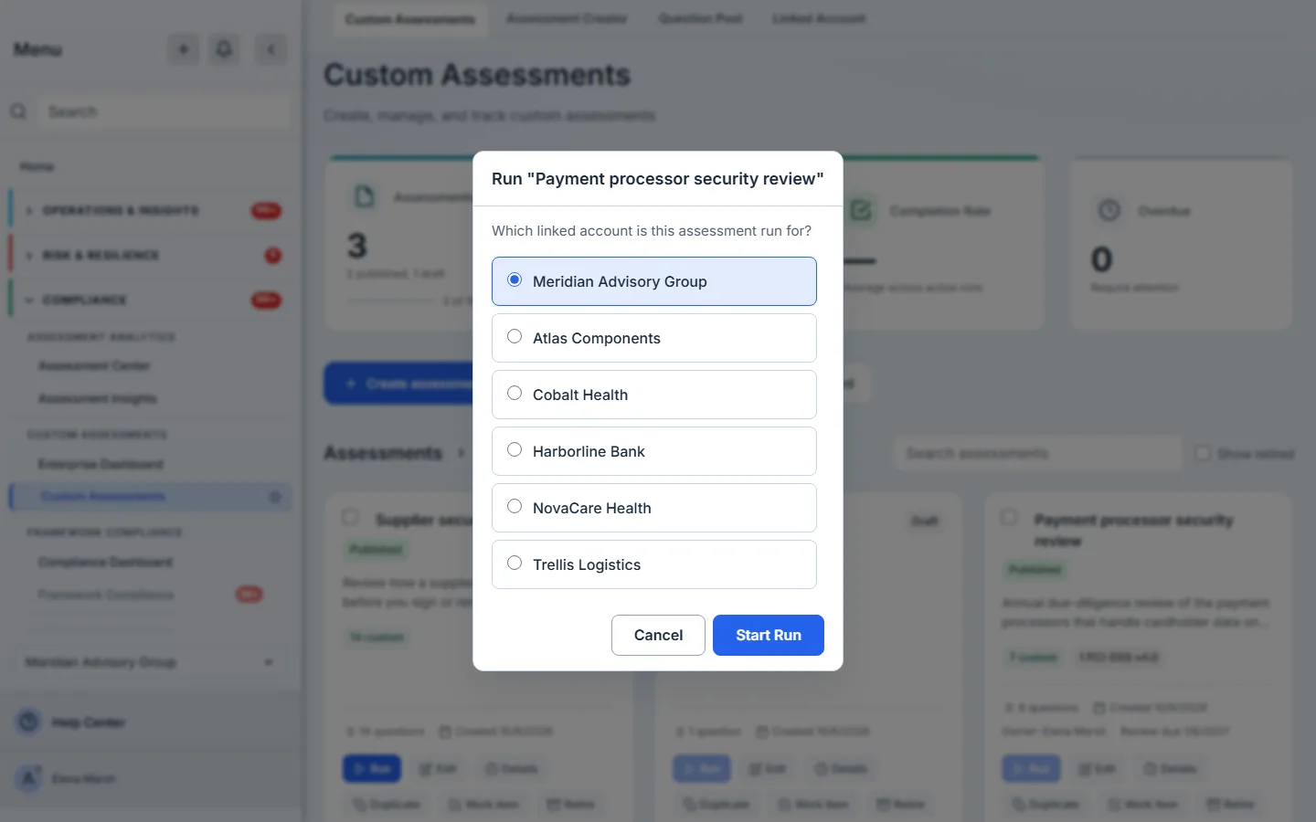 Run asks which linked account the assessment is for before it starts.