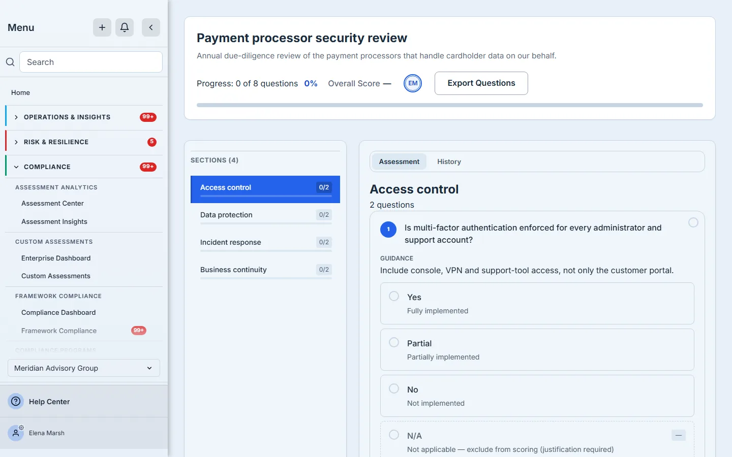 The answering page: the assessment's own title and description, its four sections of two questions each, and guidance under the first question.