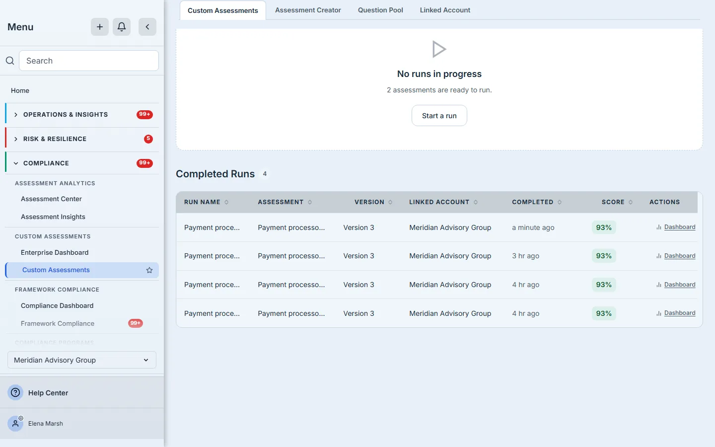 Completed Runs in the hub: each run of the payment-processor review with the version it froze, the linked account it was for, when it finished and its weighted score.