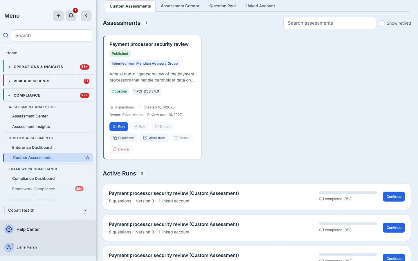 Cobalt Health, a child organization, listing the payment-processor review as inherited from Meridian Advisory Group, with Run and Duplicate available.