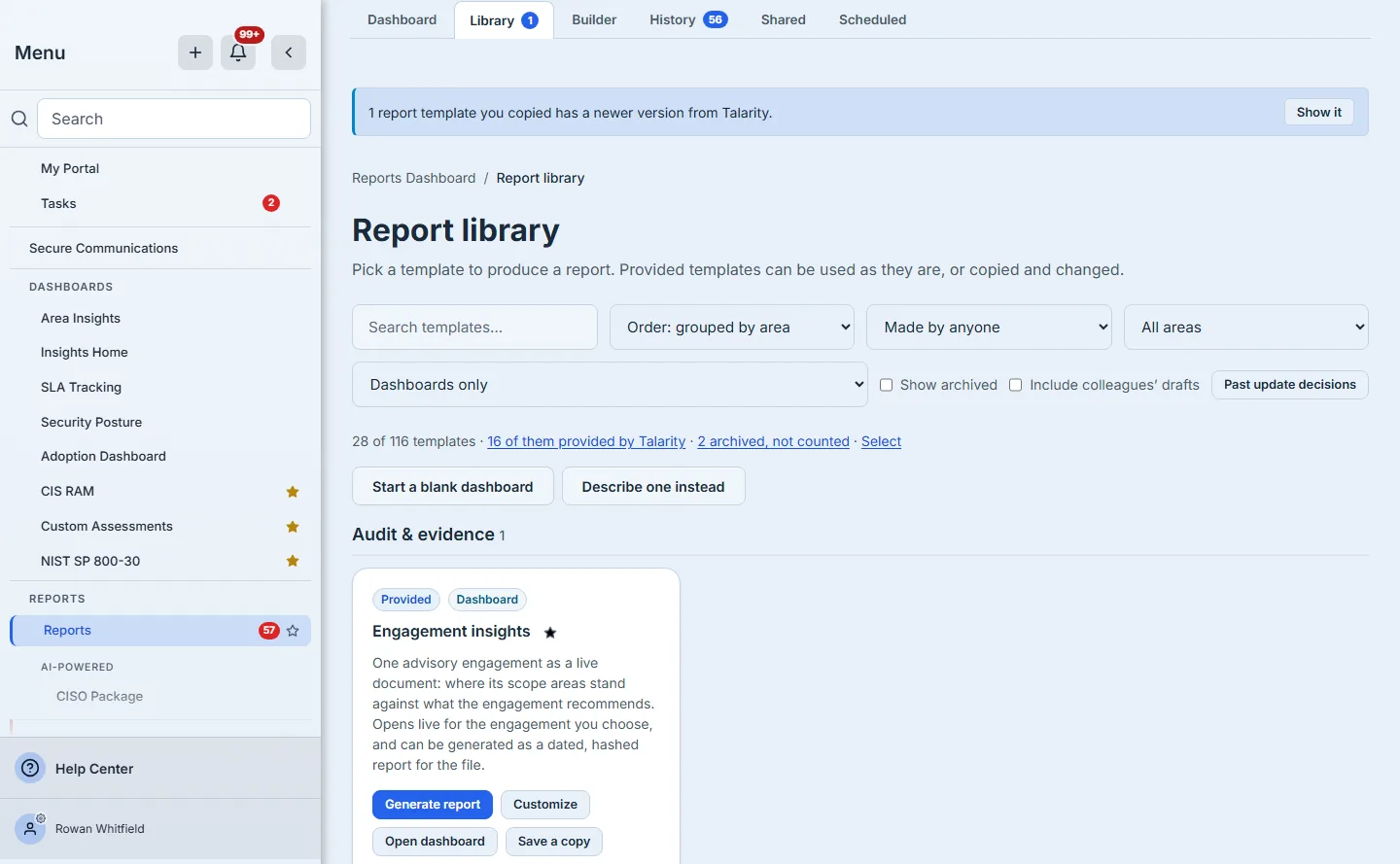 The Report library filtered to Dashboards only, with its count line and the Start a blank dashboard button.