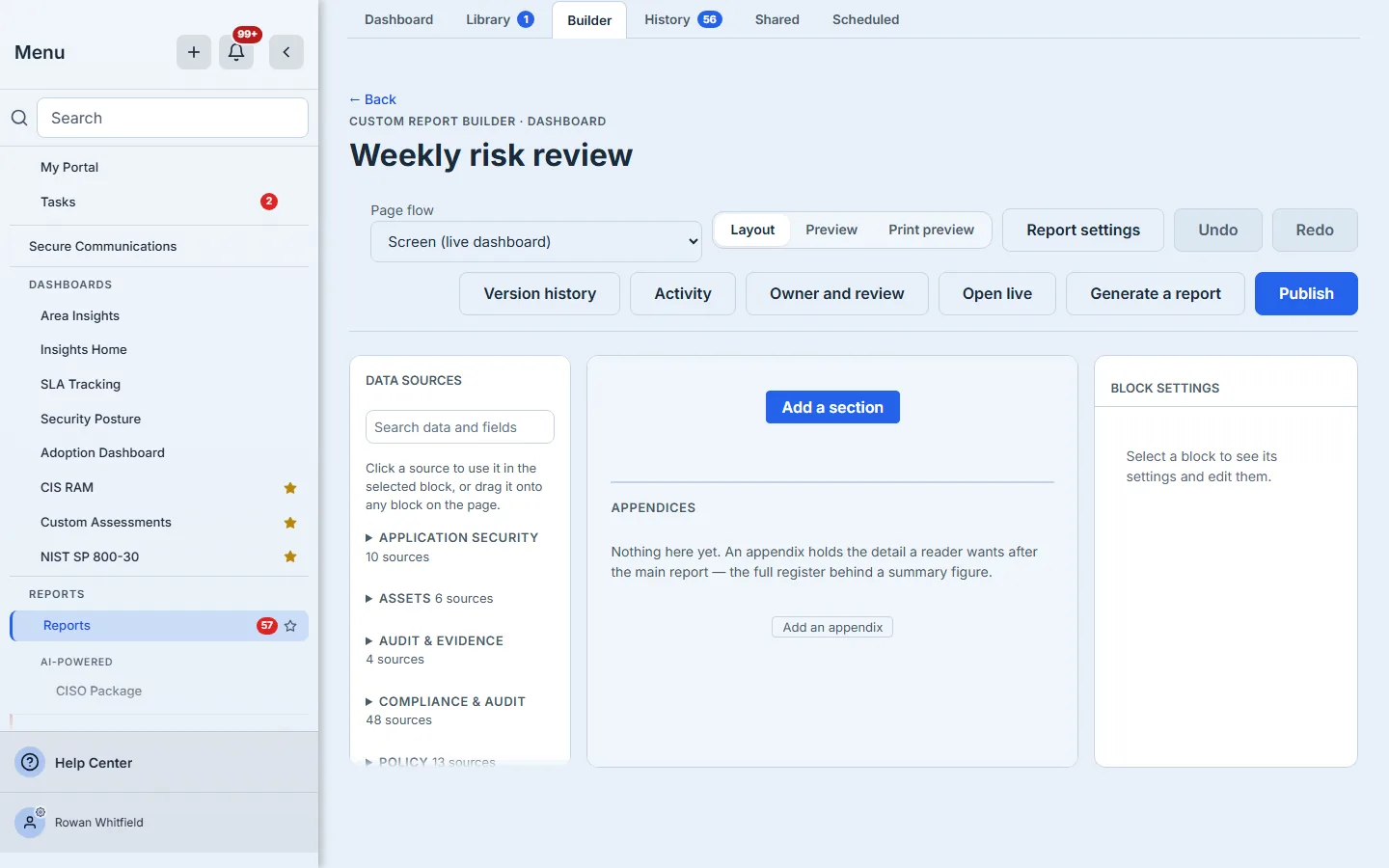 The new dashboard in the builder: its name, Screen (live dashboard) as the page flow, Add a section, and Open live.