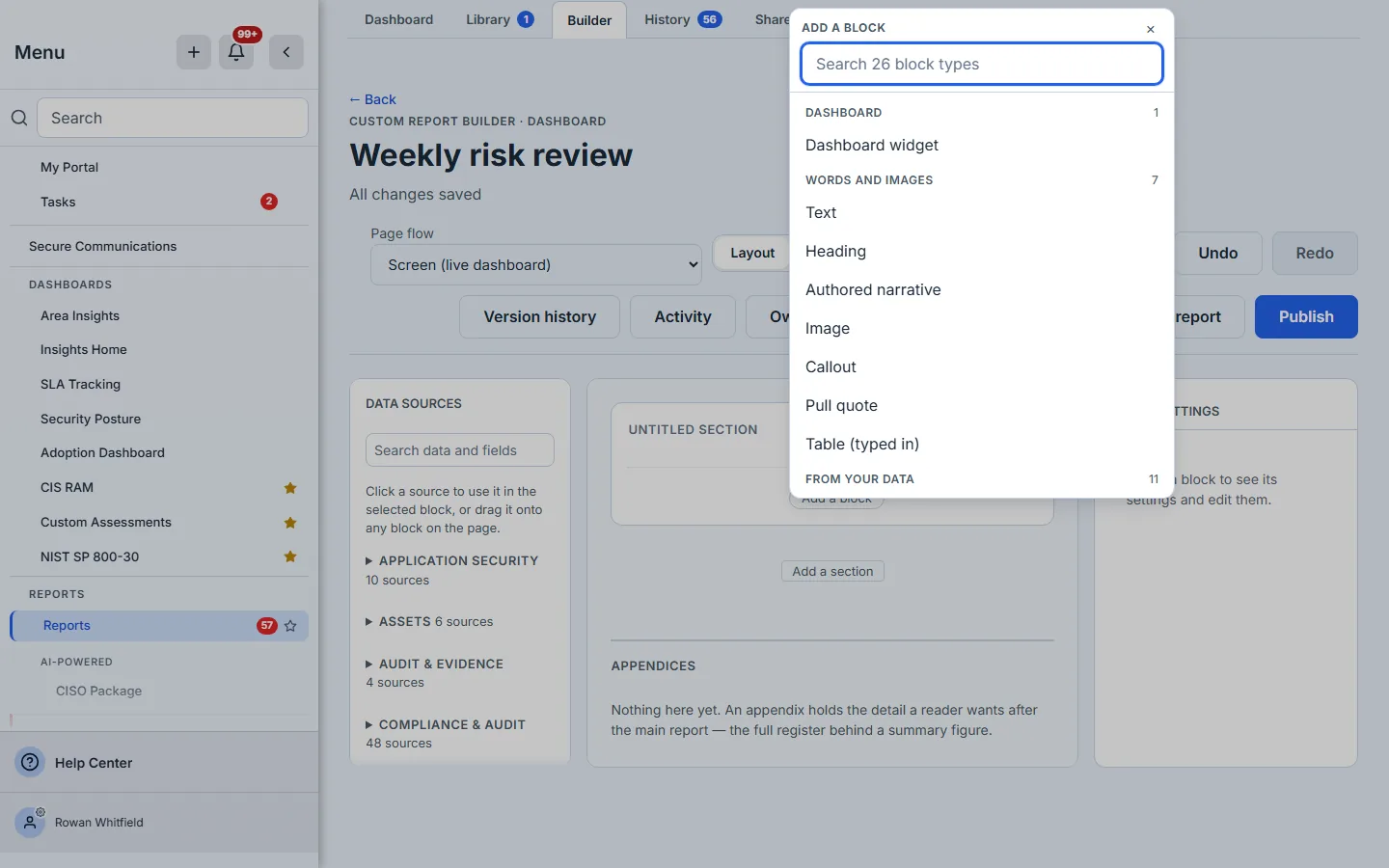 The Add a block picker on a dashboard, with Dashboard widget first and Words and images below it.