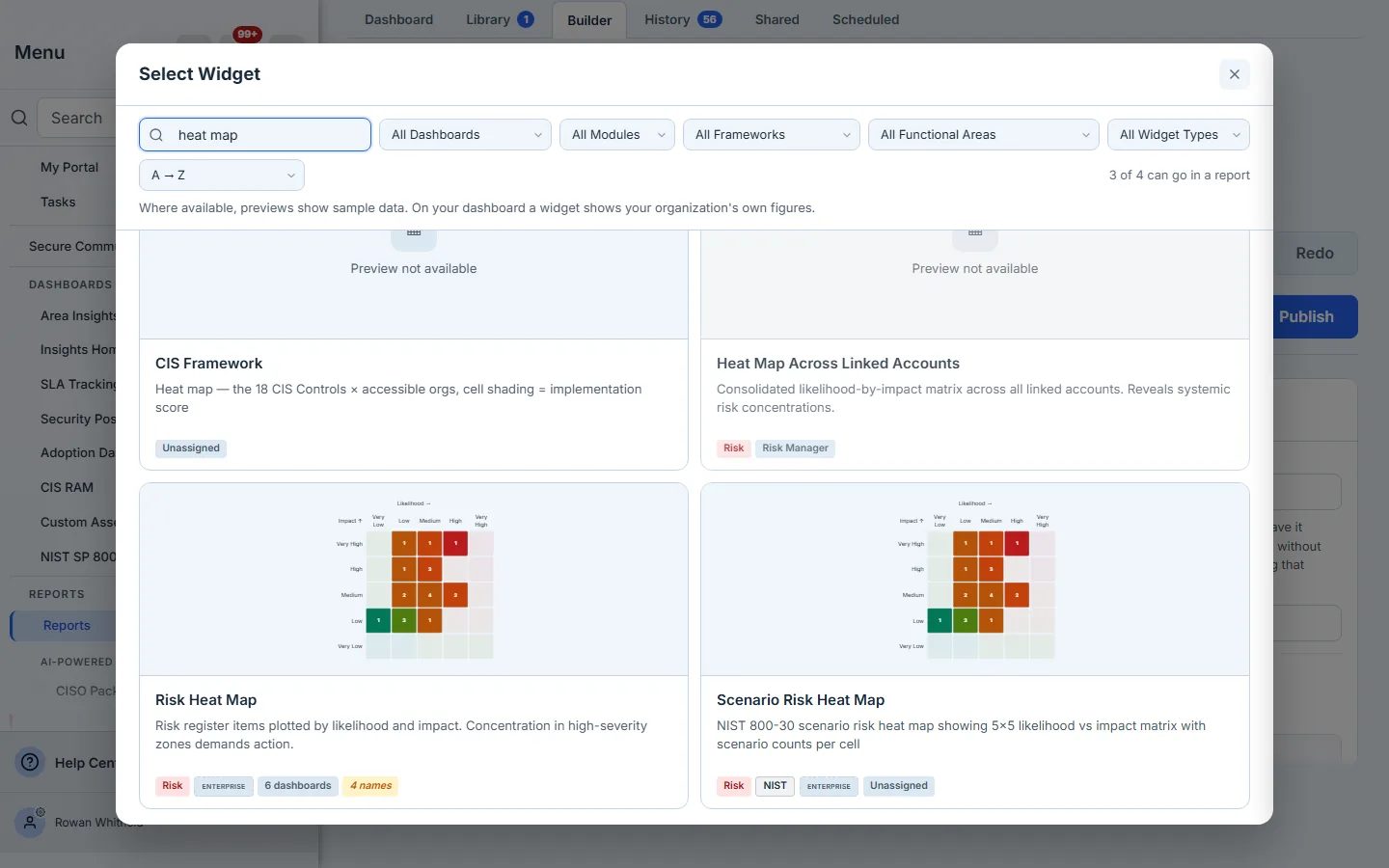 The widget catalog searched for "heat map", with its count of how many of the matching widgets can go in a report, the note that previews show sample data, and two cards drawing one.