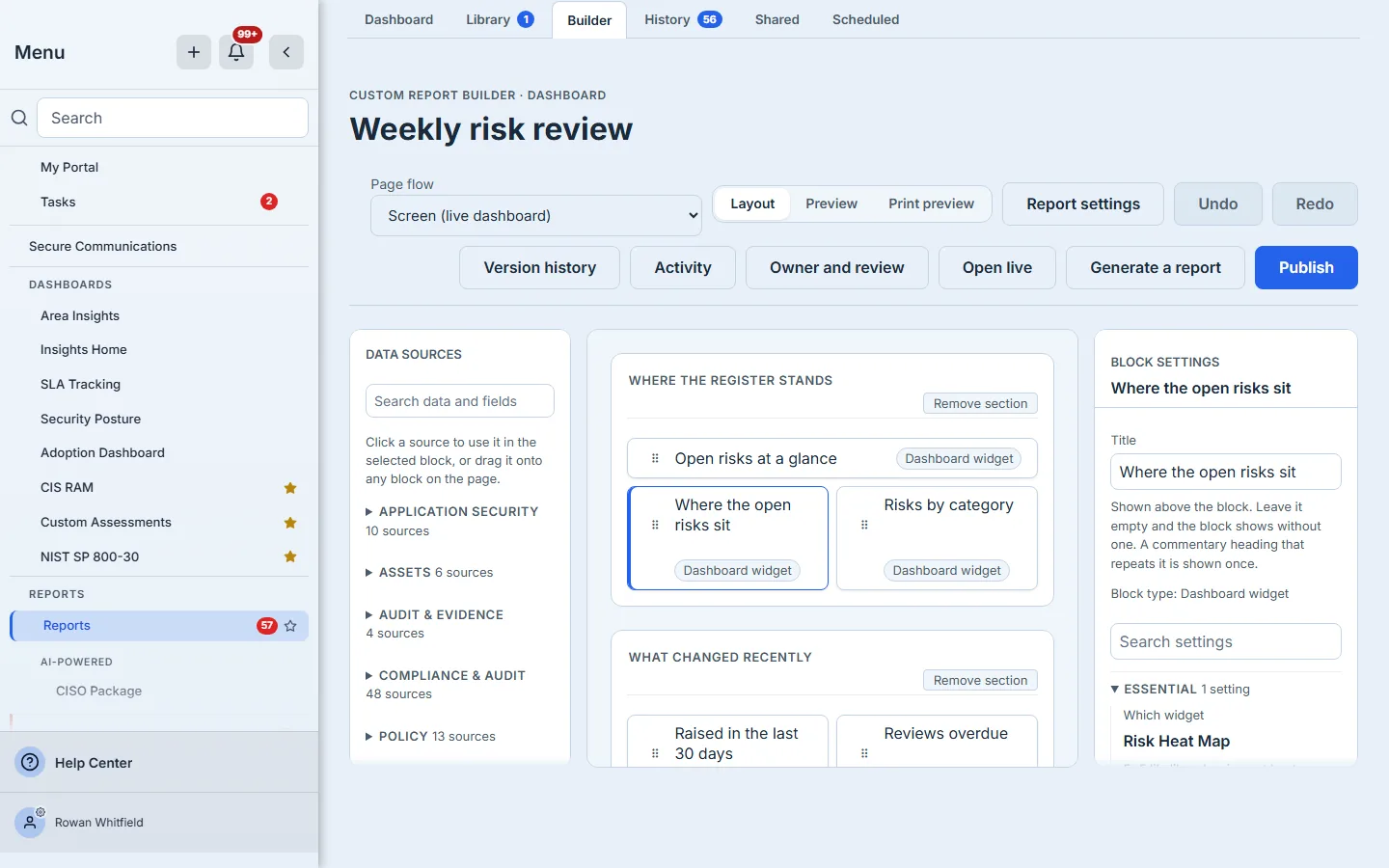 The arranged dashboard in the builder: titled sections and blocks, and the selected block's settings.
