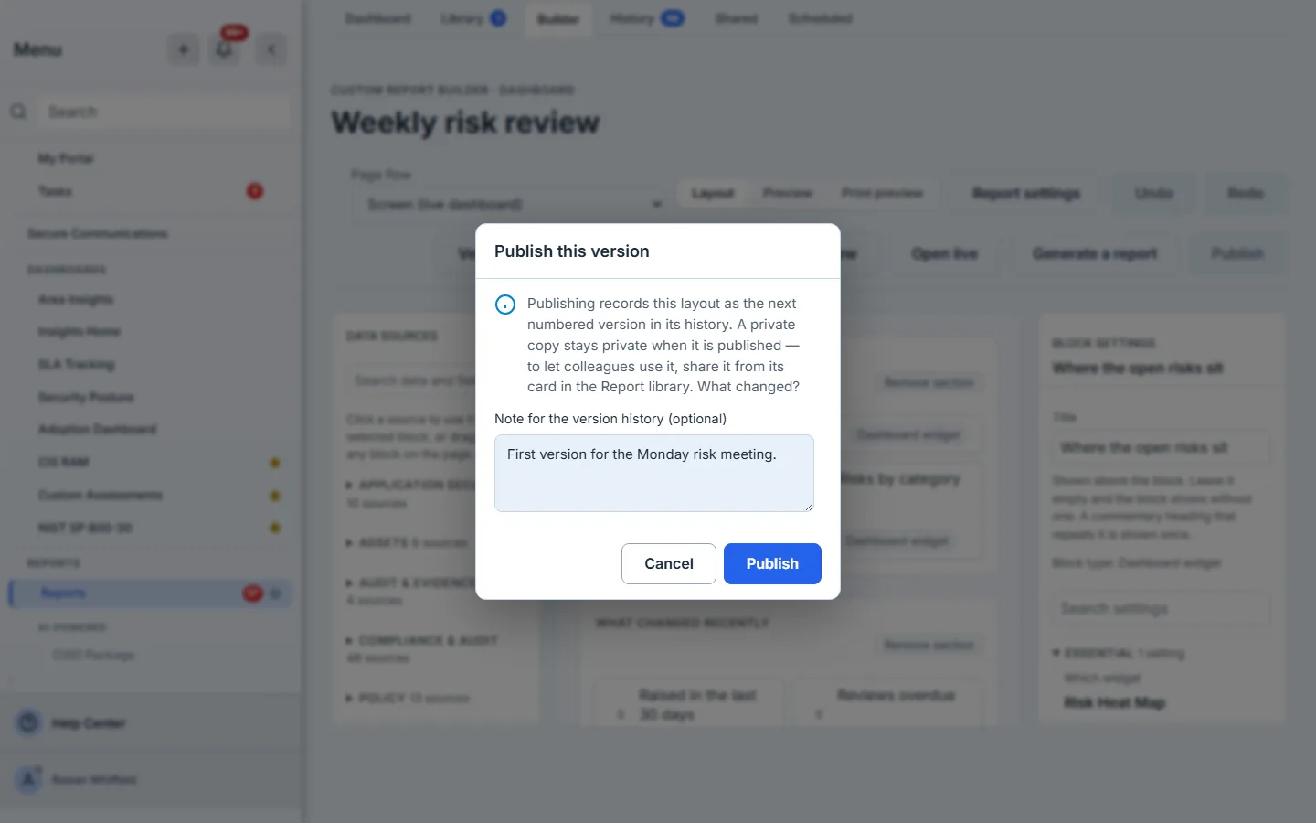 The Publish this version dialog with a note for the version history.