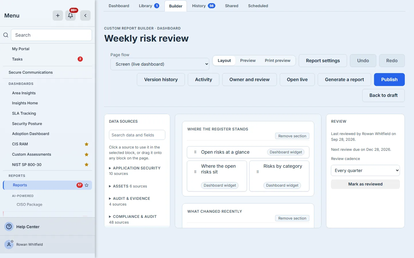 The Owner and review panel: a quarterly cadence set, and a review just recorded.