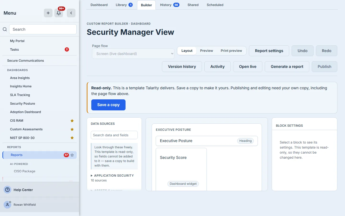 A delivered dashboard open read-only in the builder, with Save a copy.