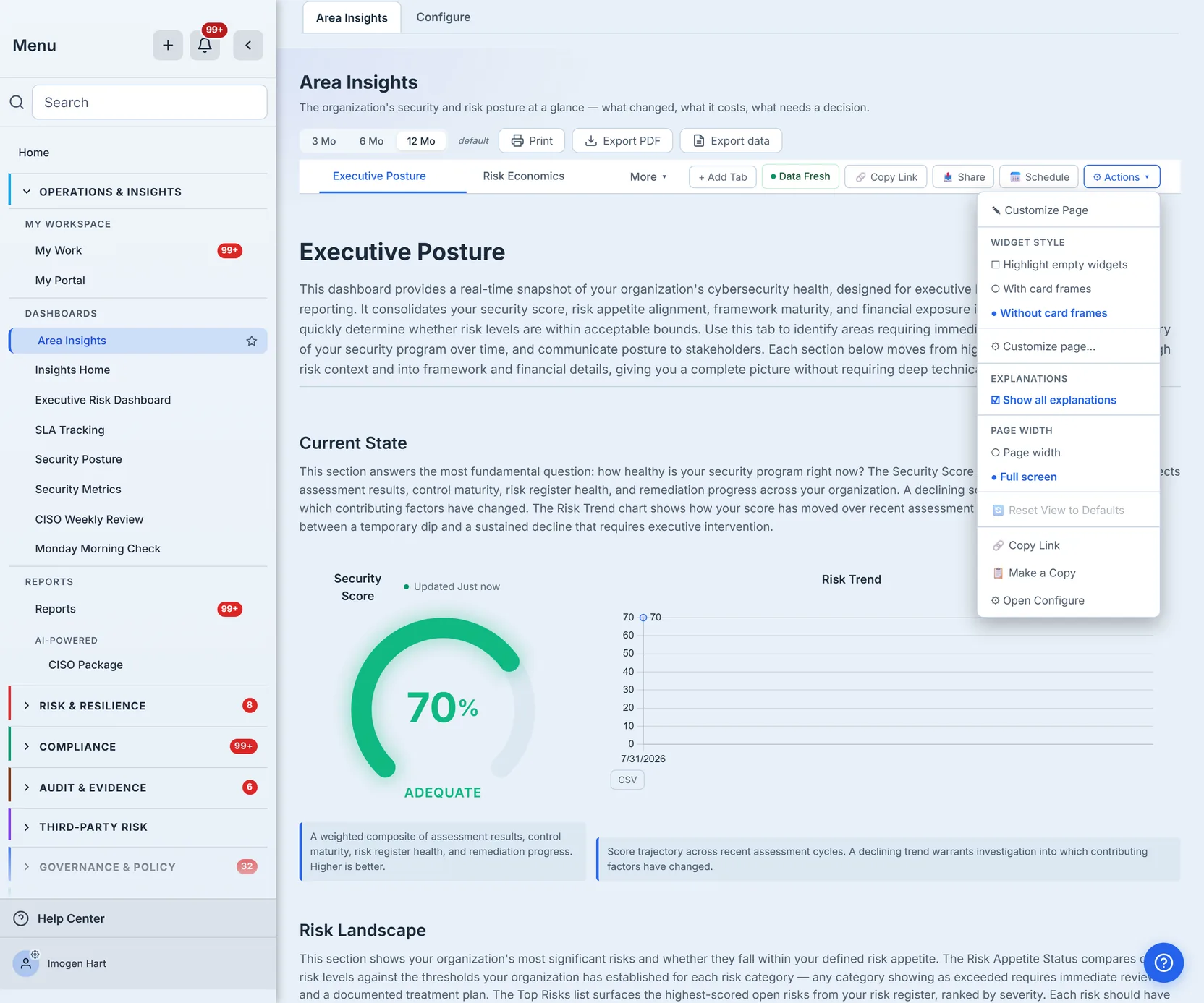 The Actions menu open over the Area Insights dashboard — Customize Page, the Widget Style block (Highlight empty widgets, With card frames / Without card frames), Customize page…, Show all explanations, the Page Width pair (Page width / Full screen), Reset View to Defaults, and Copy Link / Make a Copy / Open Configure.